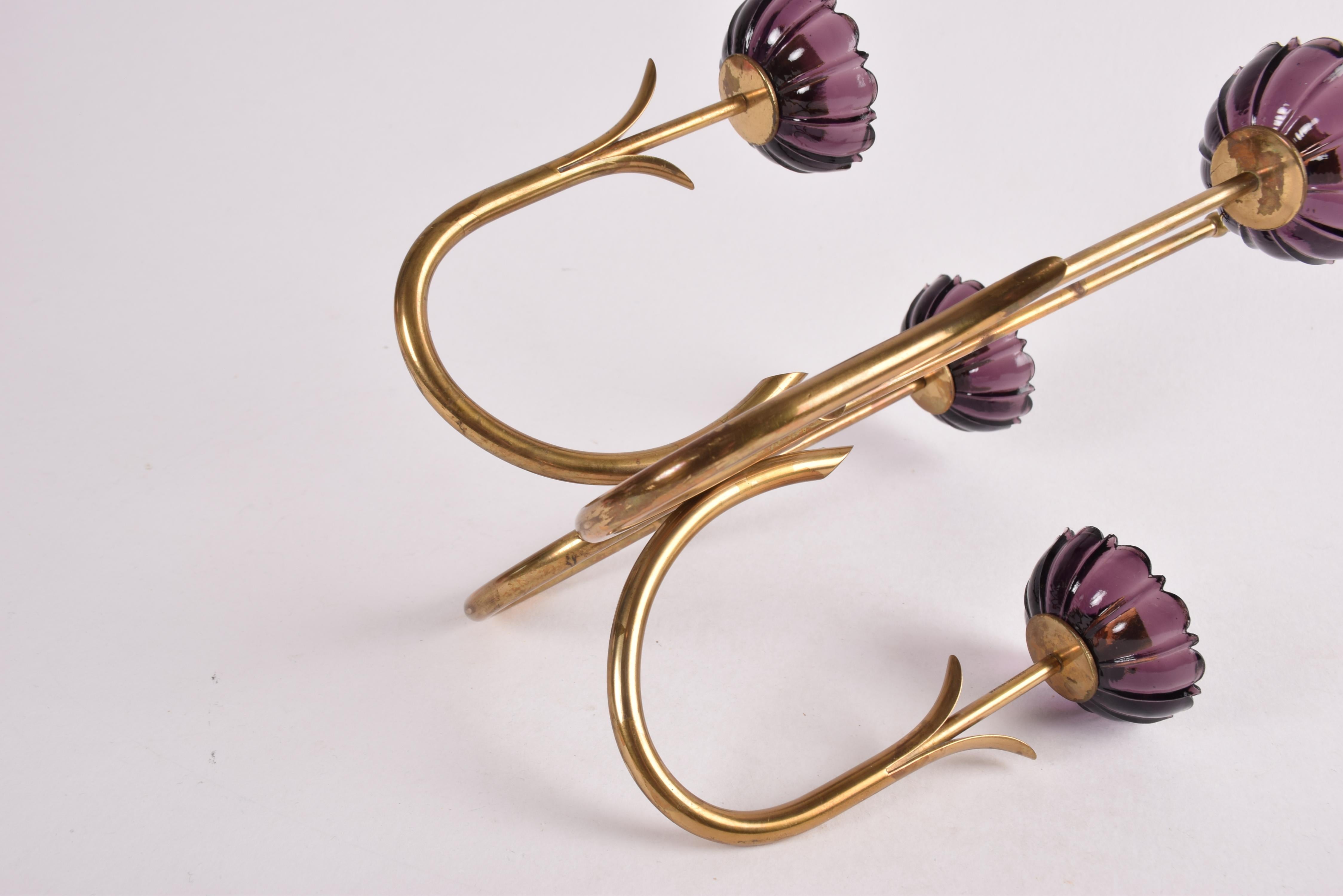 Gunnar Ander 4 Flower Candelabra Brass & Purple Glass, Ystad Metall Sweden 1960s For Sale 8