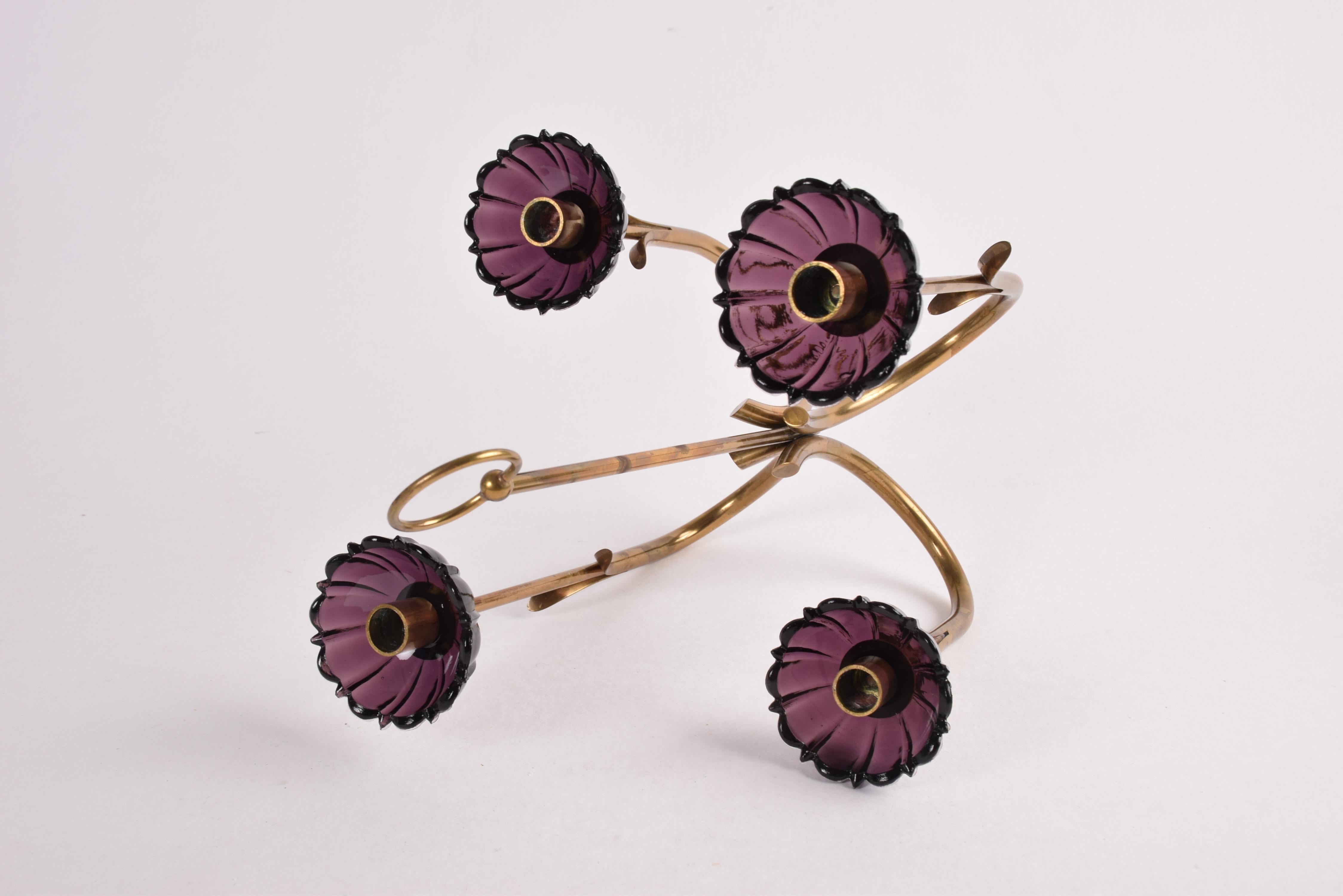 Gunnar Ander 4 Flower Candelabra Brass & Purple Glass, Ystad Metall Sweden 1960s For Sale 8