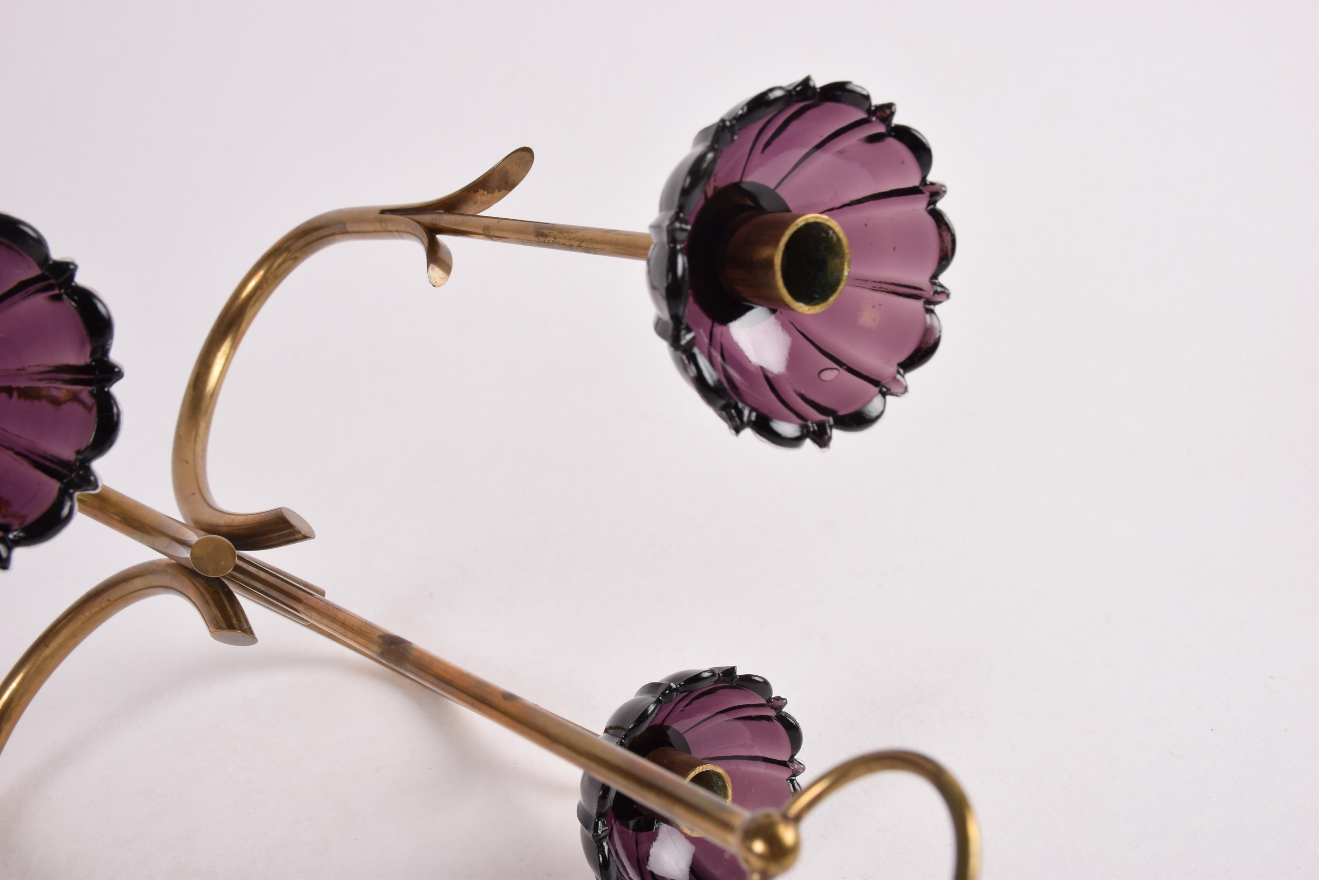 Gunnar Ander 4 Flower Candelabra Brass & Purple Glass, Ystad Metall Sweden 1960s For Sale 10