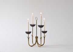 Gunnar Ander 4 Flower Candelabra Brass & Purple Glass, Ystad Metall Sweden 1960s