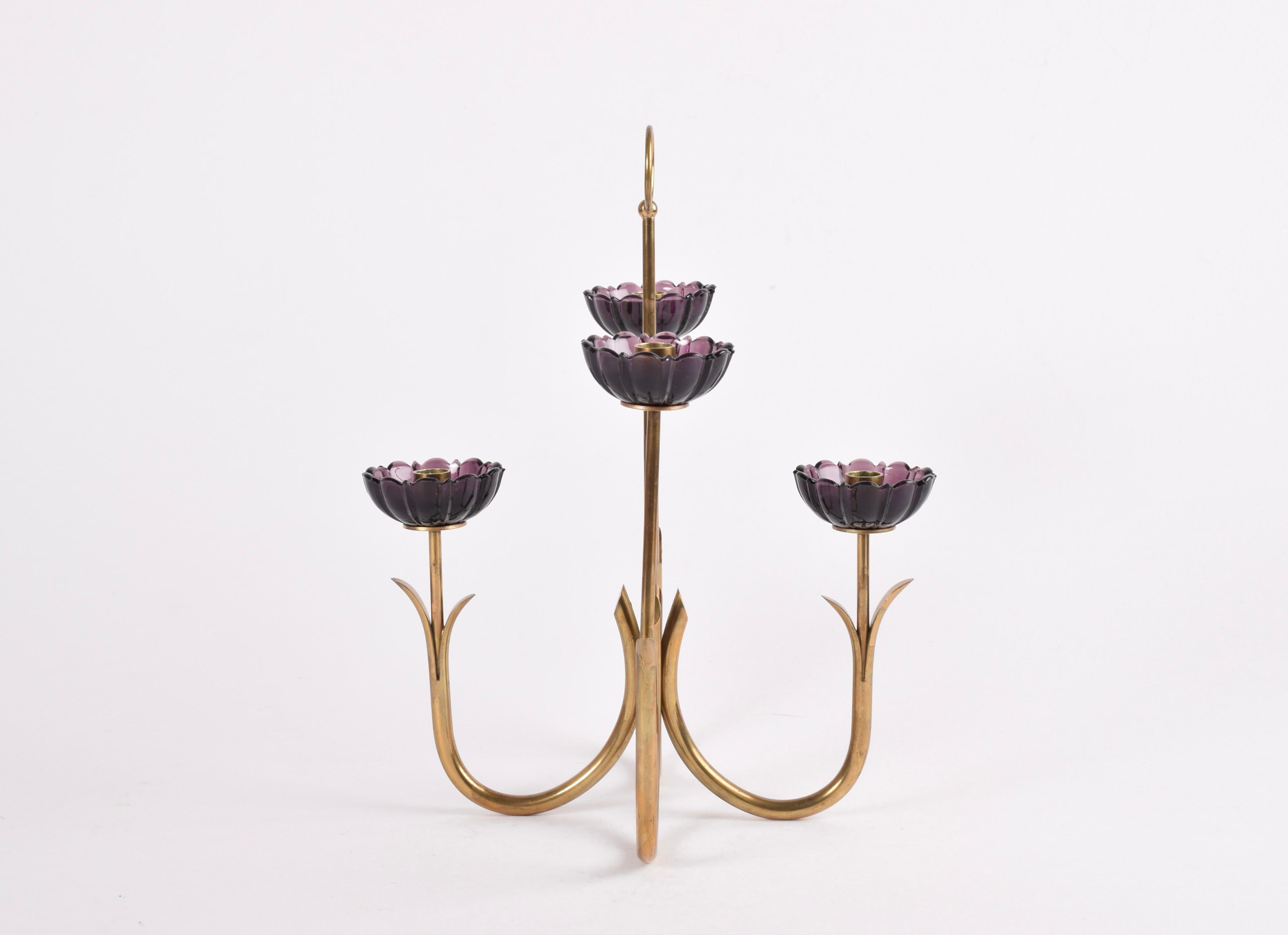Scandinavian Modern Gunnar Ander 4 Flower Candelabra Brass & Purple Glass, Ystad Metall Sweden 1960s For Sale