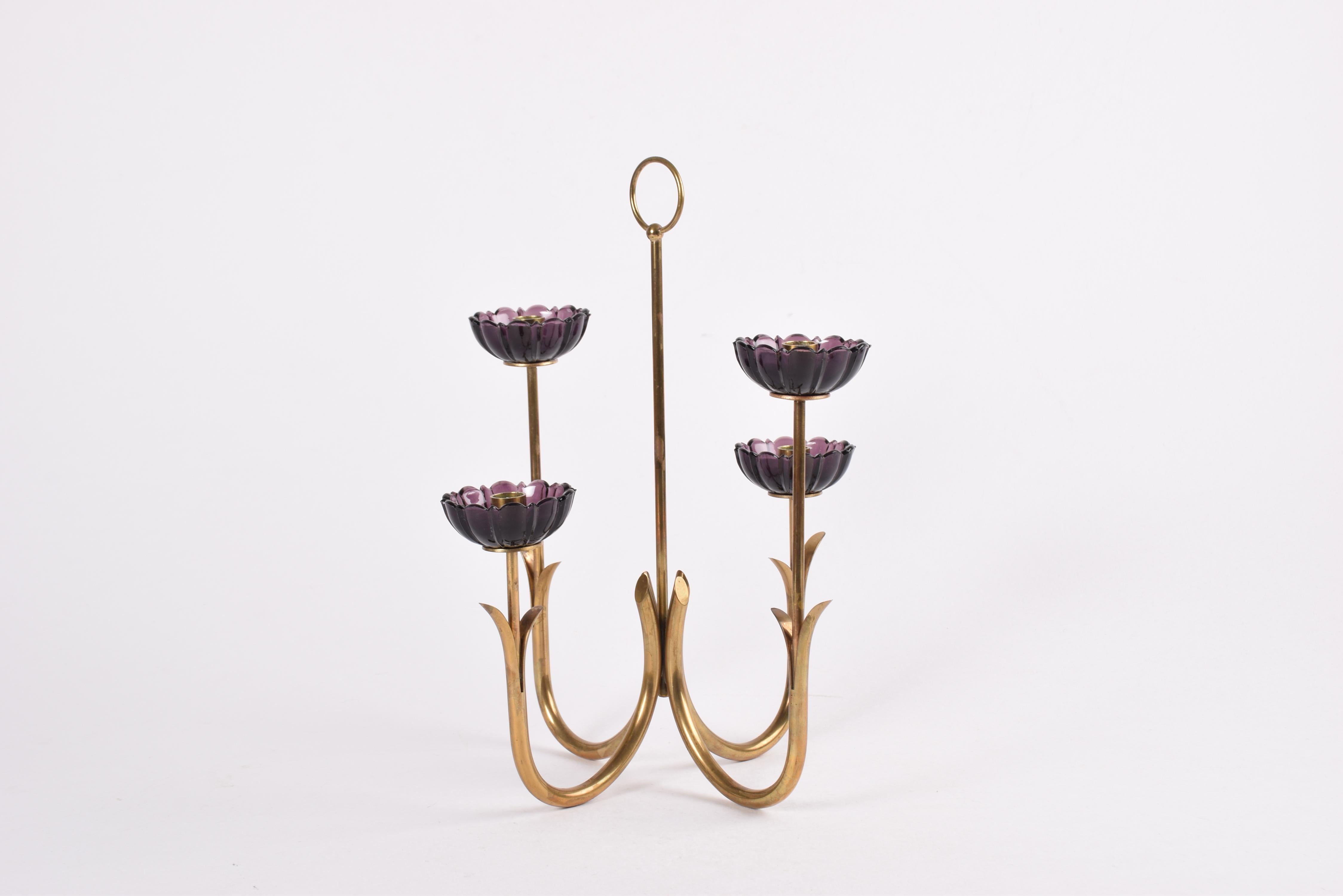 Swedish Gunnar Ander 4 Flower Candelabra Brass & Purple Glass, Ystad Metall Sweden 1960s For Sale