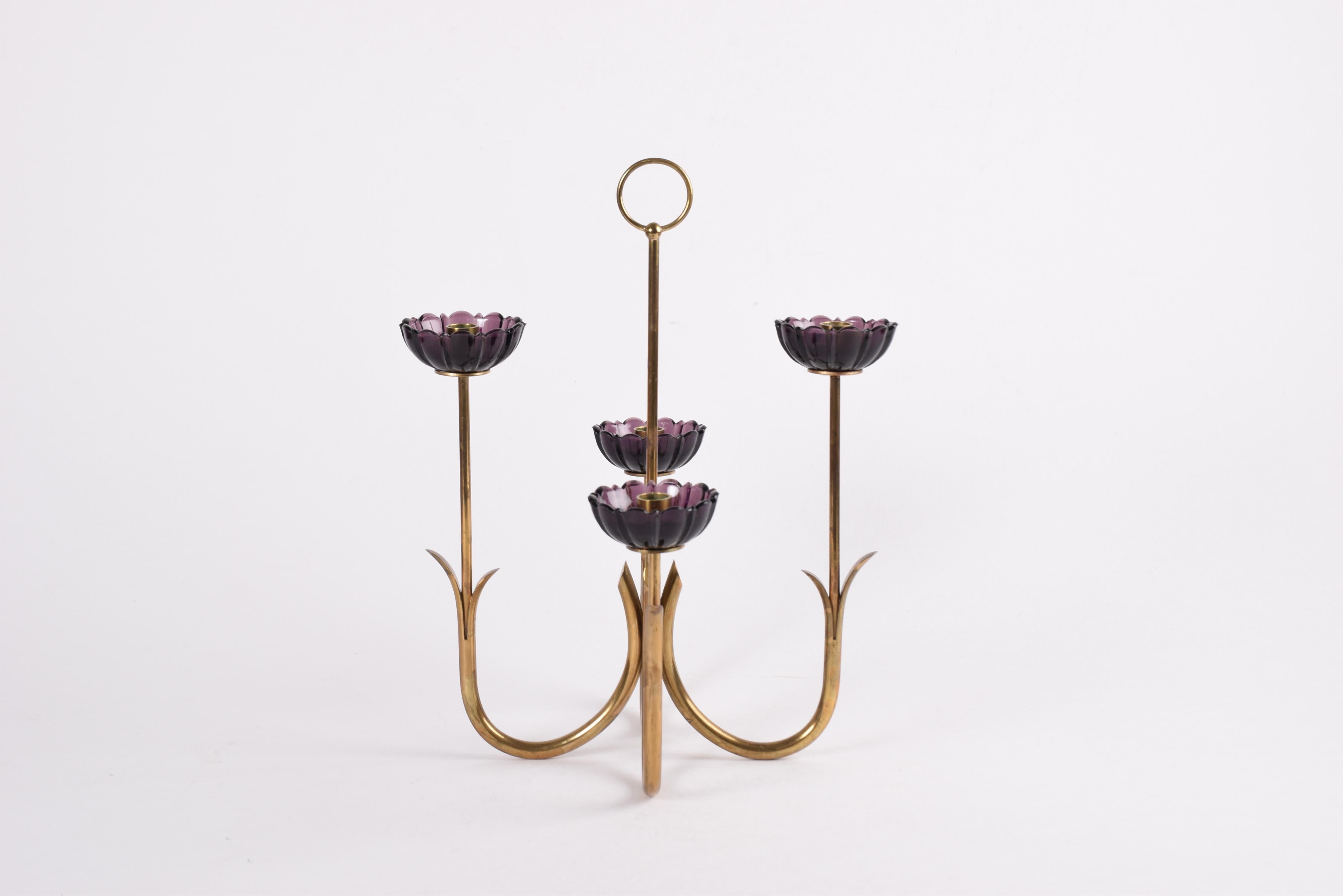 Swedish Gunnar Ander 4 Flower Candelabra Brass & Purple Glass, Ystad Metall Sweden 1960s For Sale