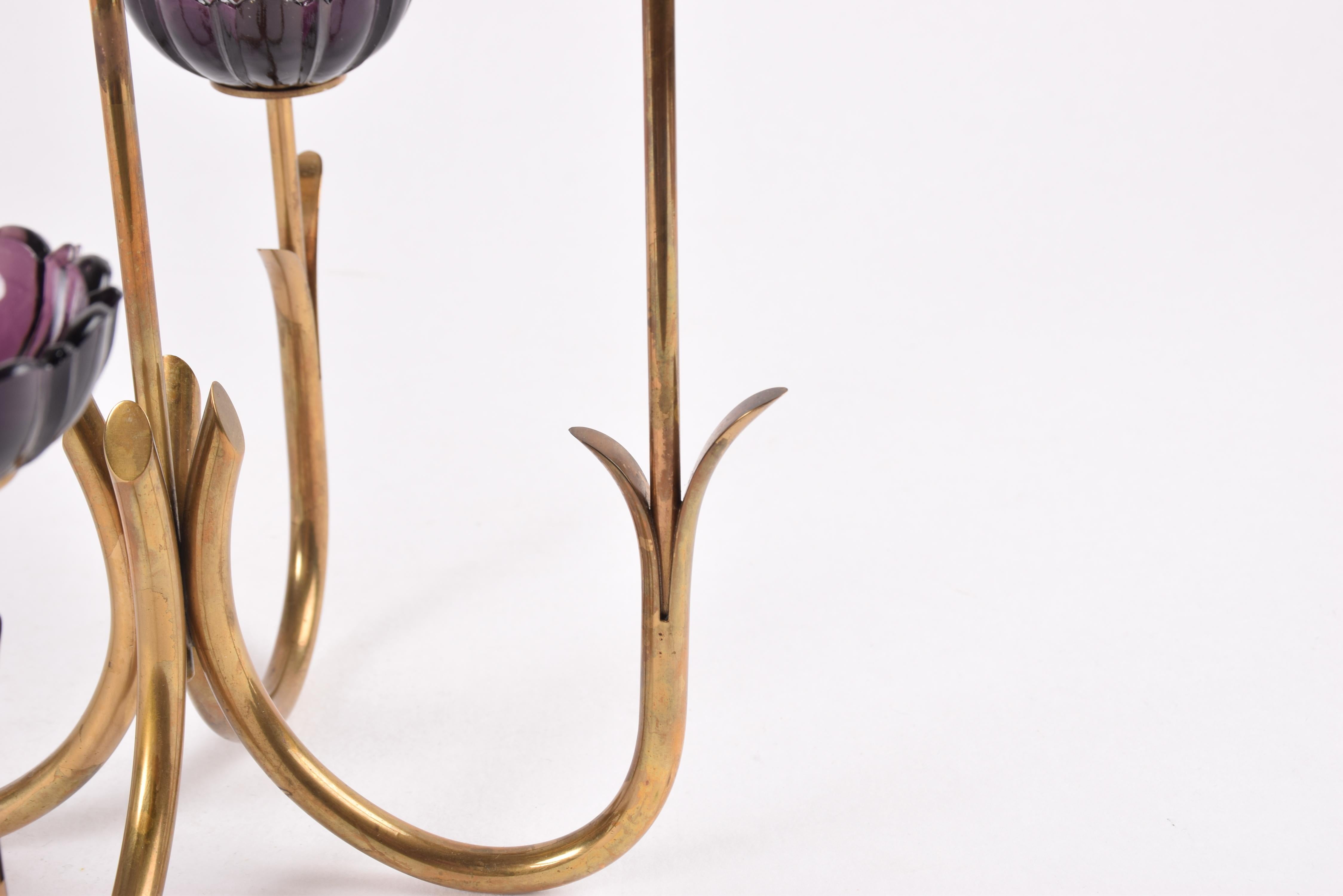 Gunnar Ander 4 Flower Candelabra Brass & Purple Glass, Ystad Metall Sweden 1960s For Sale 1
