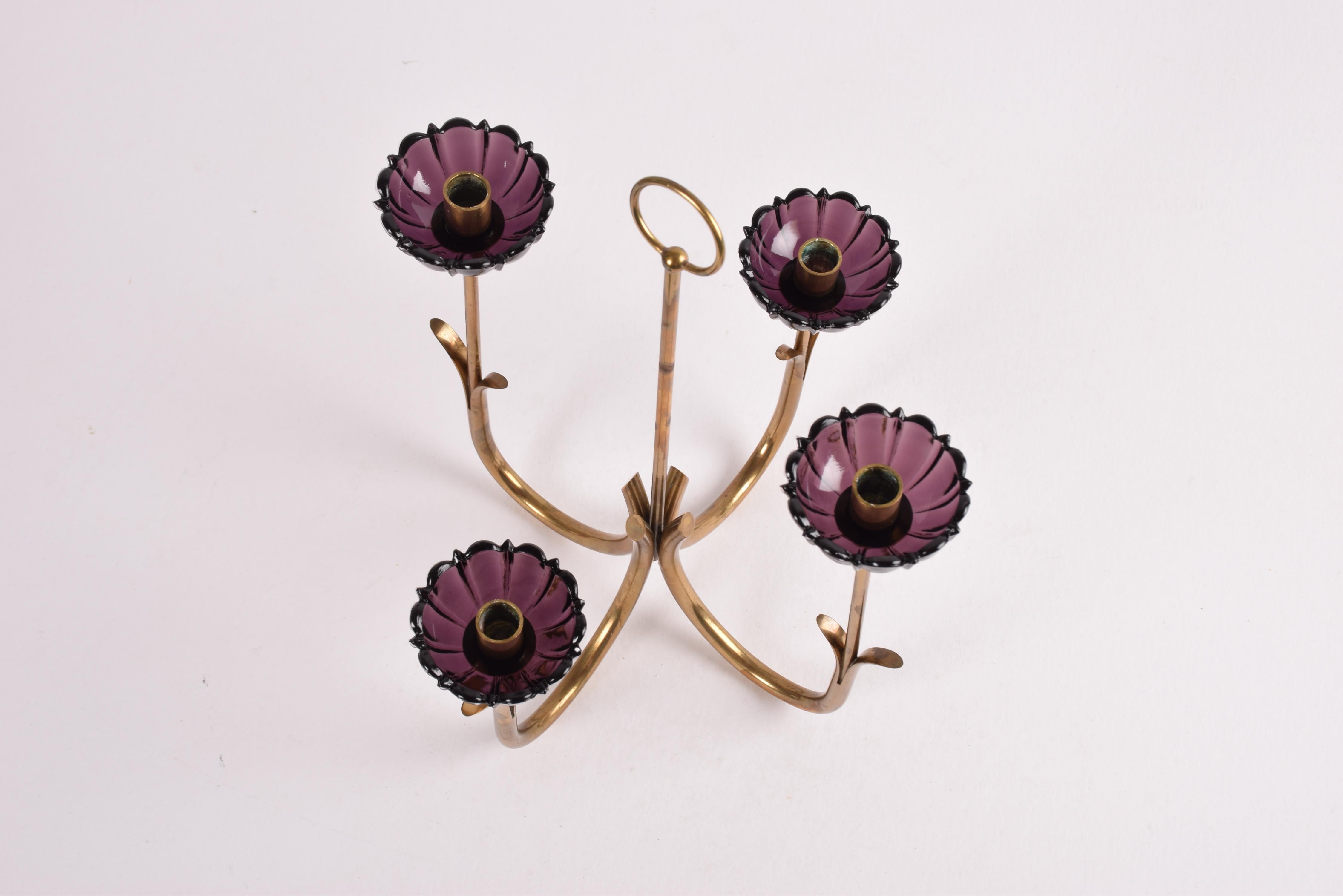 Gunnar Ander 4 Flower Candelabra Brass & Purple Glass, Ystad Metall Sweden 1960s For Sale 2
