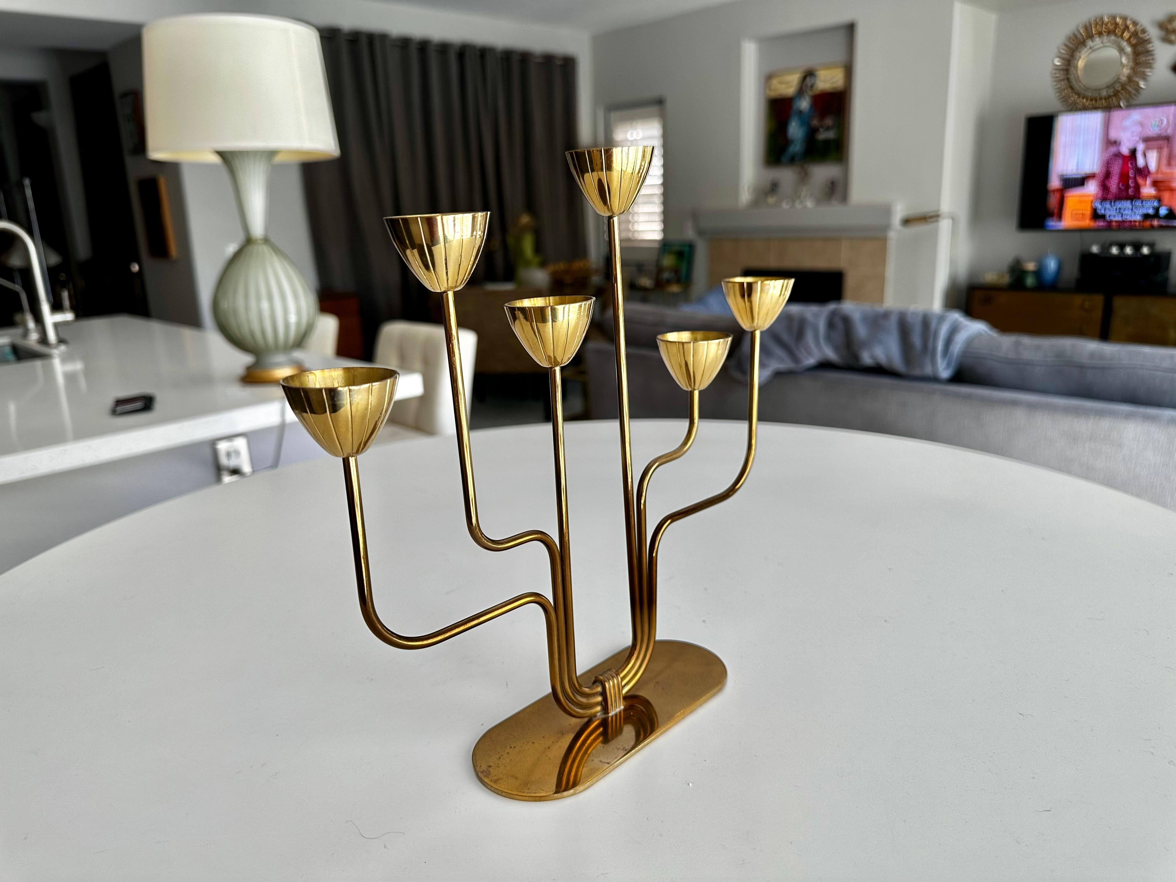Gunnar Ander 6 arm Candlestick Brass by Ystad Metall in Sweden In Good Condition For Sale In Palm Springs, CA