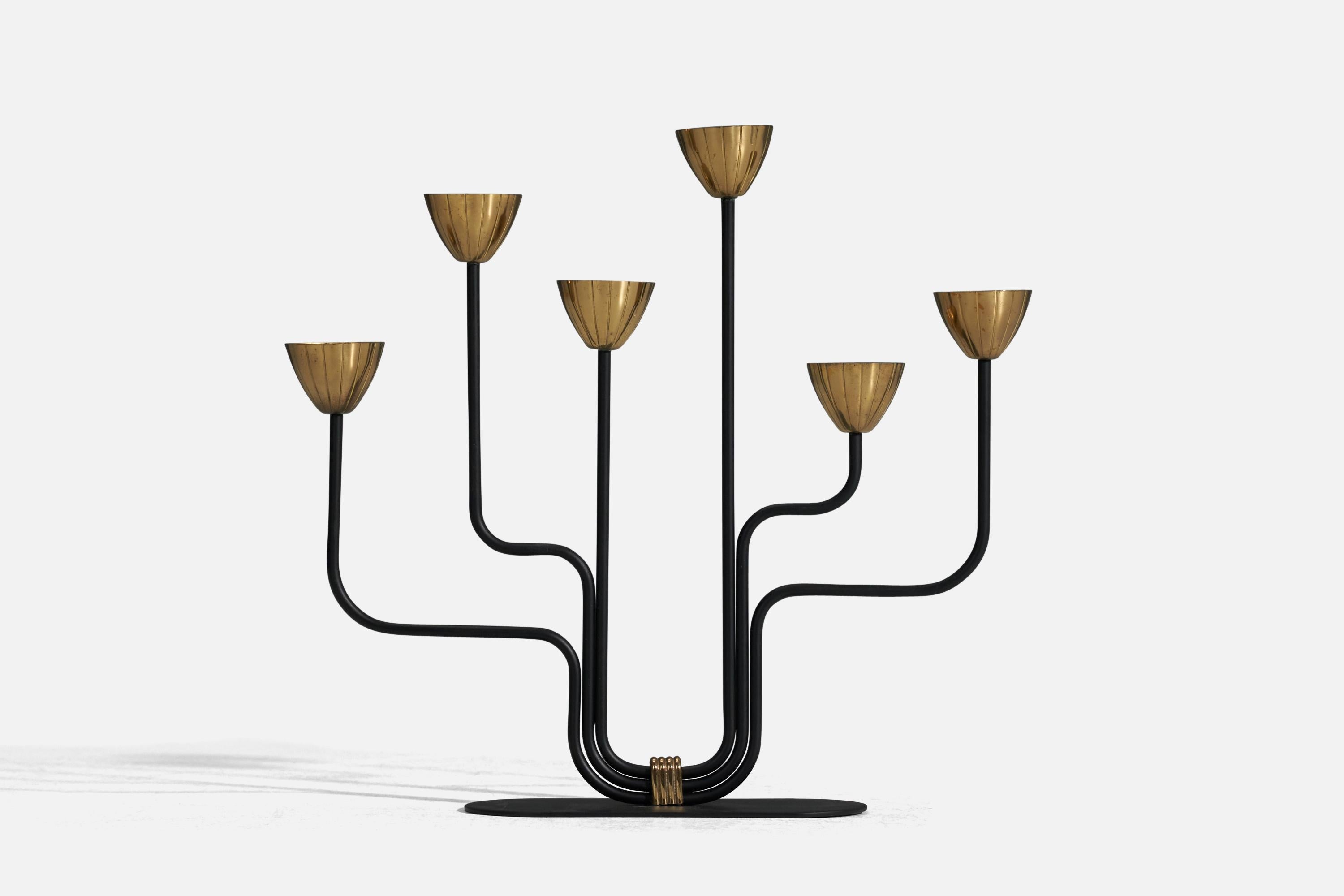 A lacquered metal and brass candelabra designed and produced by Gunnar Ander, Sweden, 1950s.