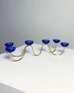 Gunnar Ander Candelabra Ystad Metall Brass & Glass Flowers, Sweden, 1950s