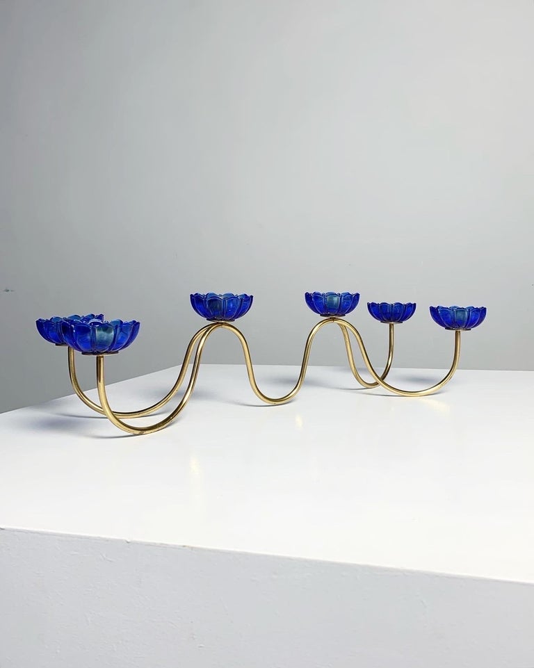 Mid-Century Modern Gunnar Ander Candelabra Ystad Metall Brass & Glass Flowers, Sweden, 1950s For Sale