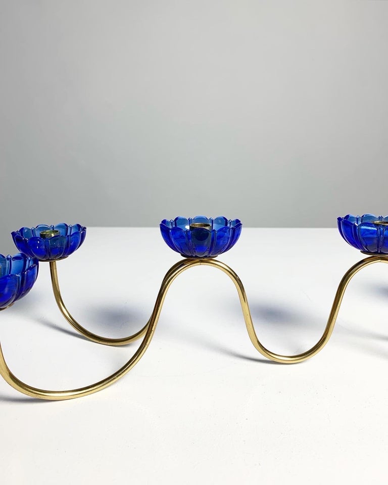 Gunnar Ander Candelabra Ystad Metall Brass & Glass Flowers, Sweden, 1950s For Sale 1