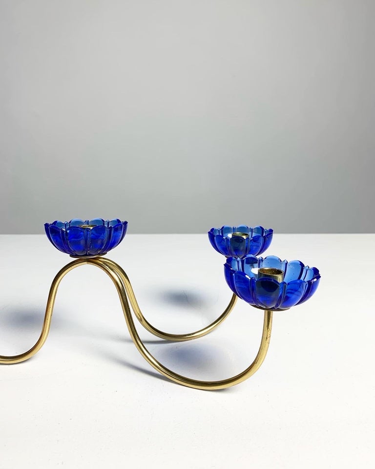 Gunnar Ander Candelabra Ystad Metall Brass & Glass Flowers, Sweden, 1950s For Sale 2