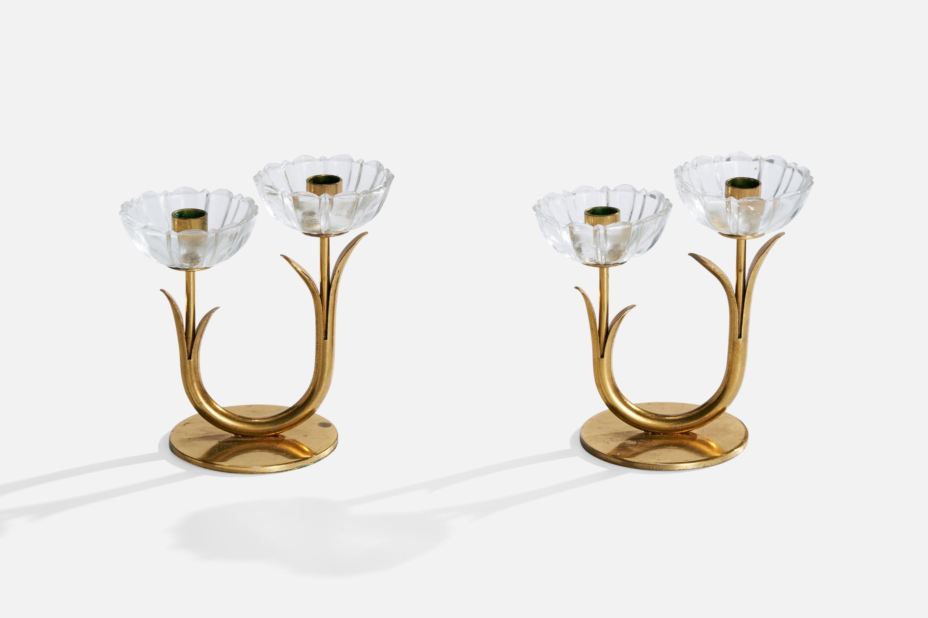 Scandinavian Modern Gunnar Ander, Candelabras, Brass, Glass, Sweden, 1950s For Sale