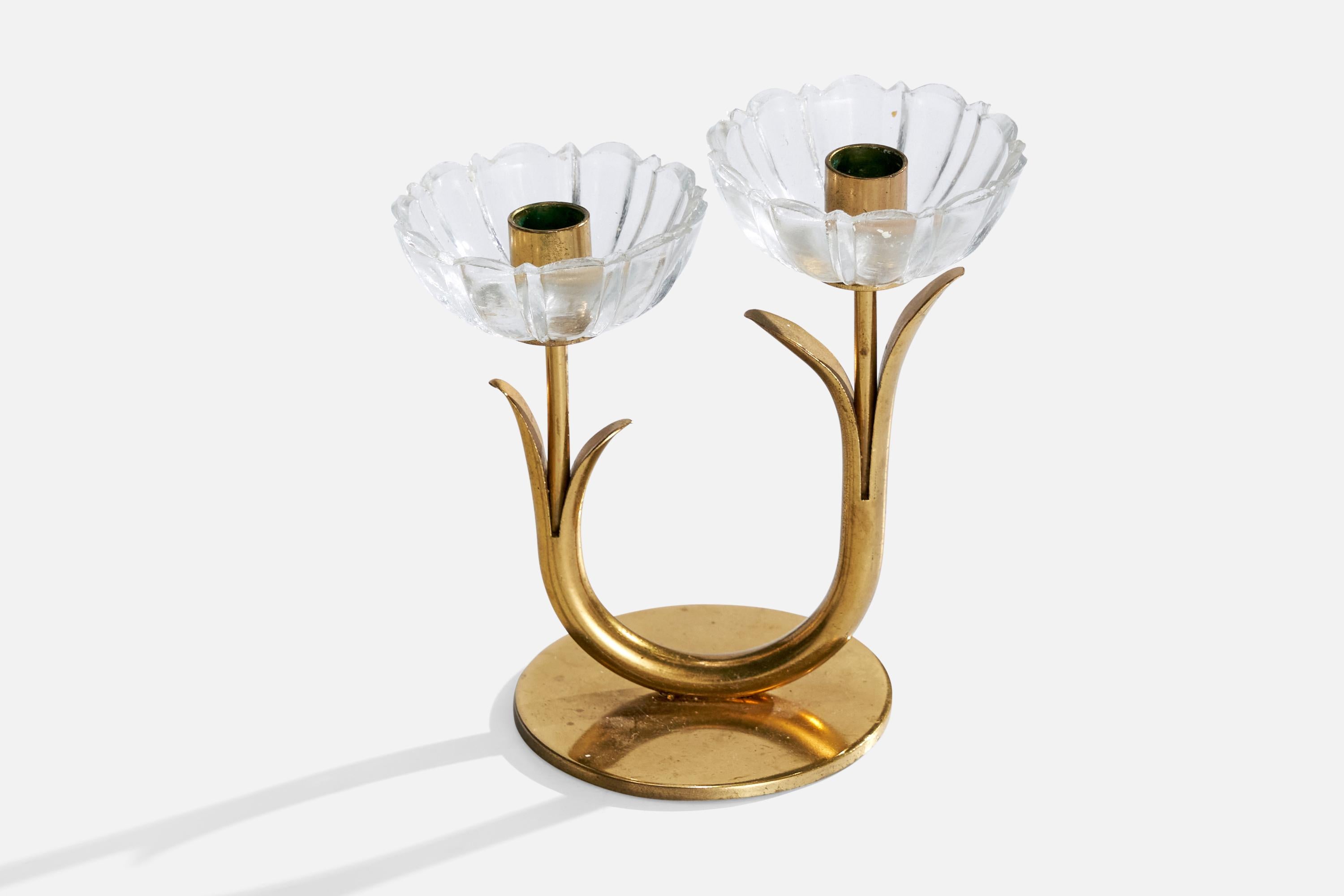 Gunnar Ander, Candelabras, Brass, Glass, Sweden, 1950s In Good Condition For Sale In High Point, NC