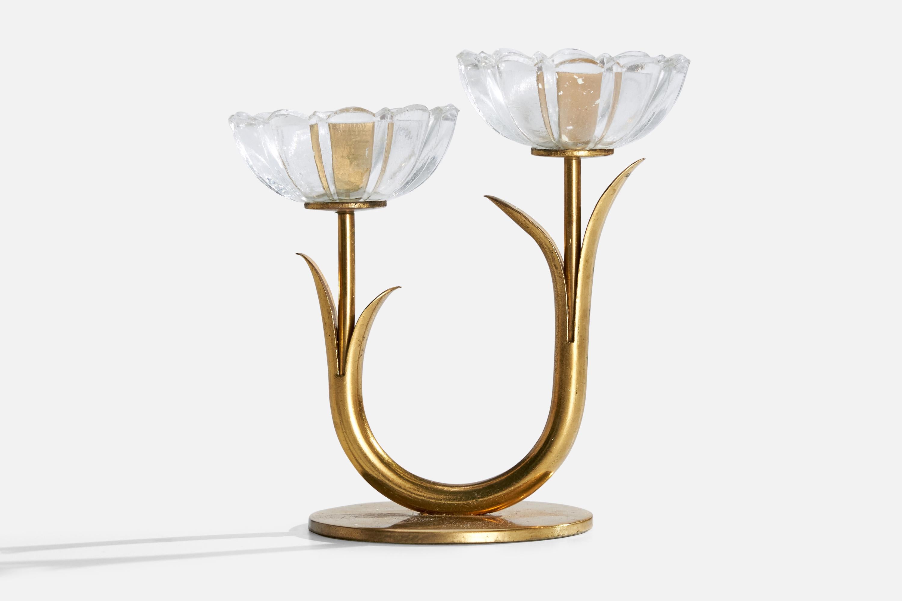 Mid-20th Century Gunnar Ander, Candelabras, Brass, Glass, Sweden, 1950s For Sale