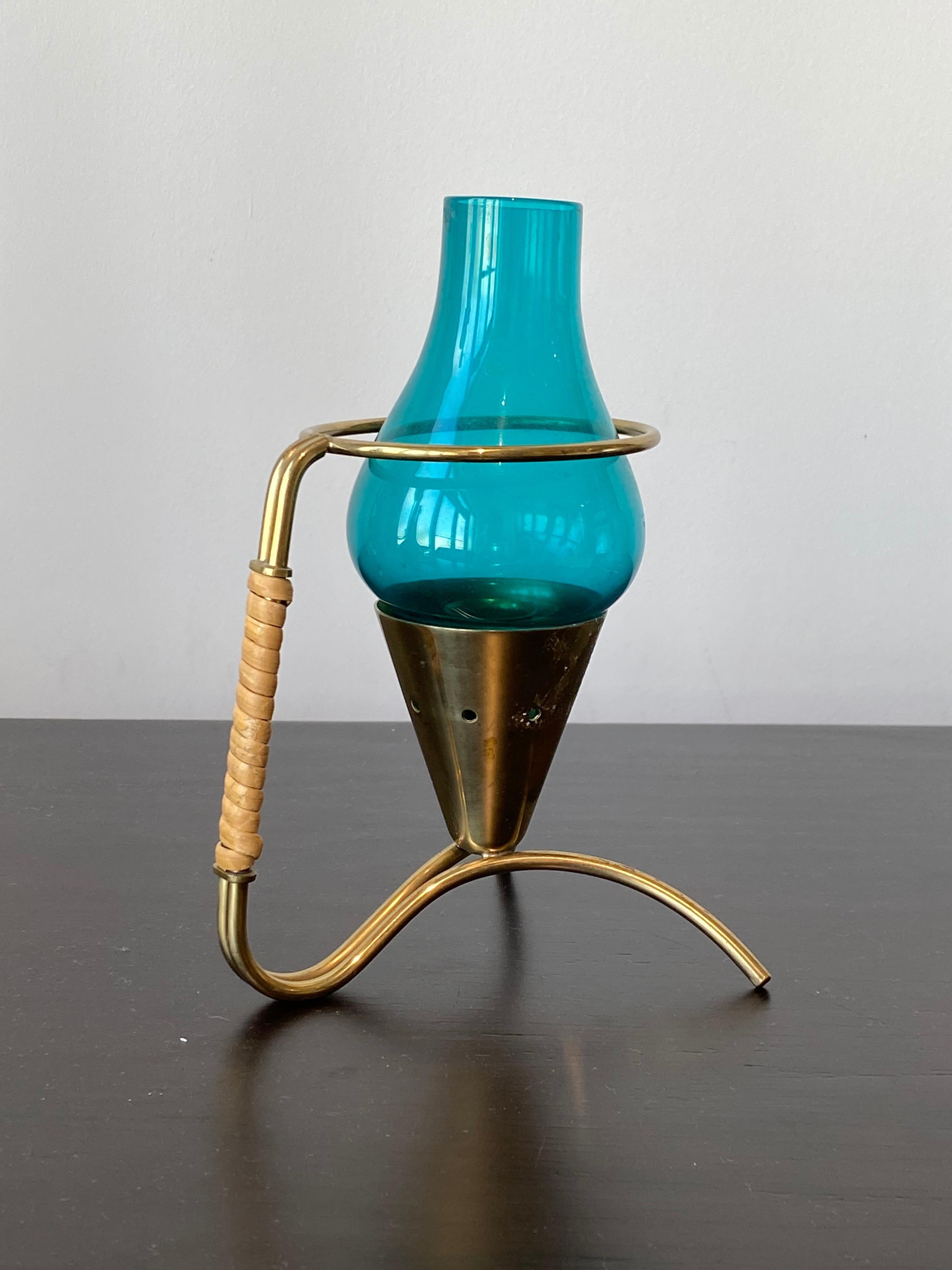 Mid-Century Modern Gunnar Ander, Candleholder, Ystad Metall, Brass, Glass, Cane, Sweden, 1960s