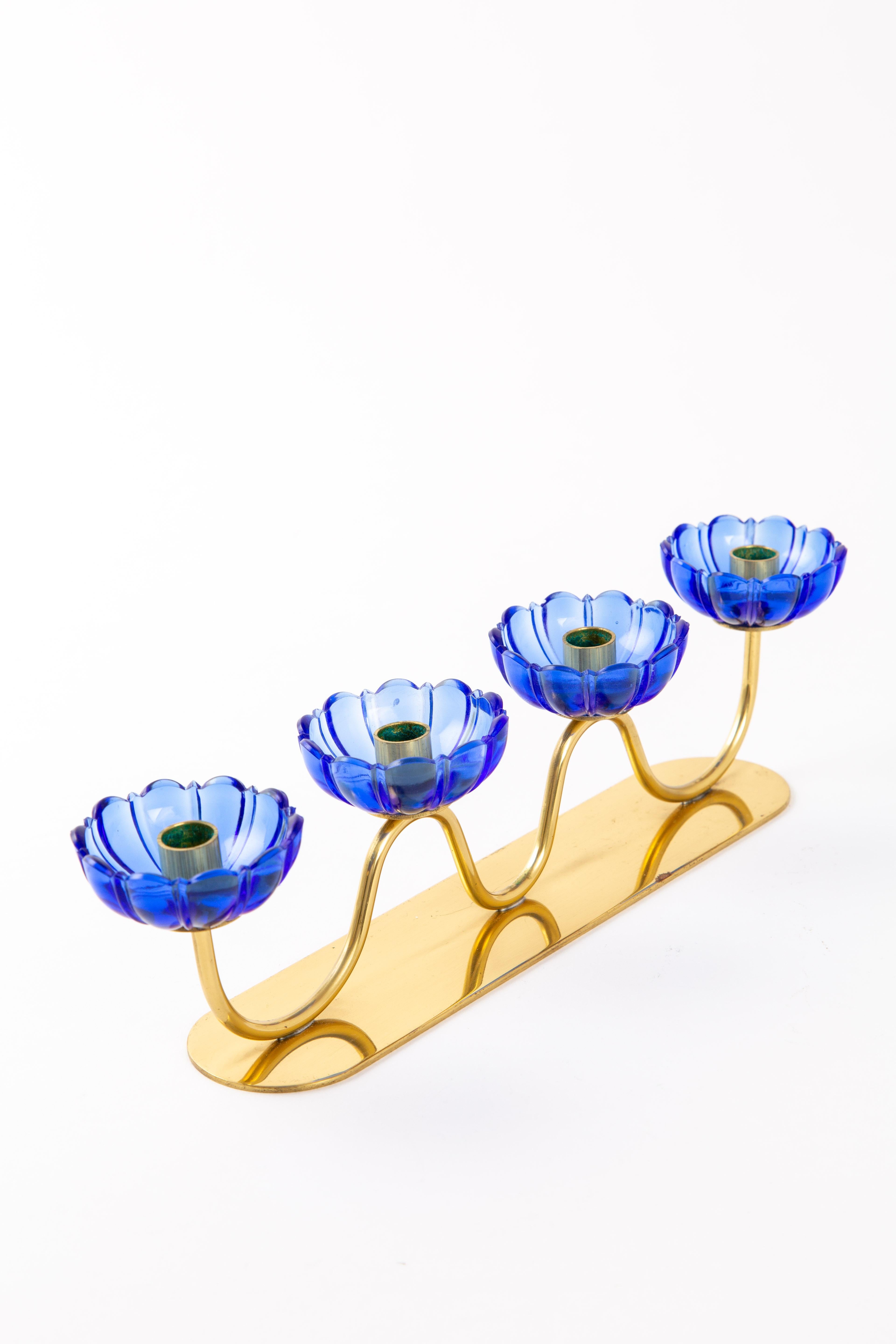 Gunnar Ander Candleholders Sweden for Ystad Metall, Blue Flower with Brass For Sale 6