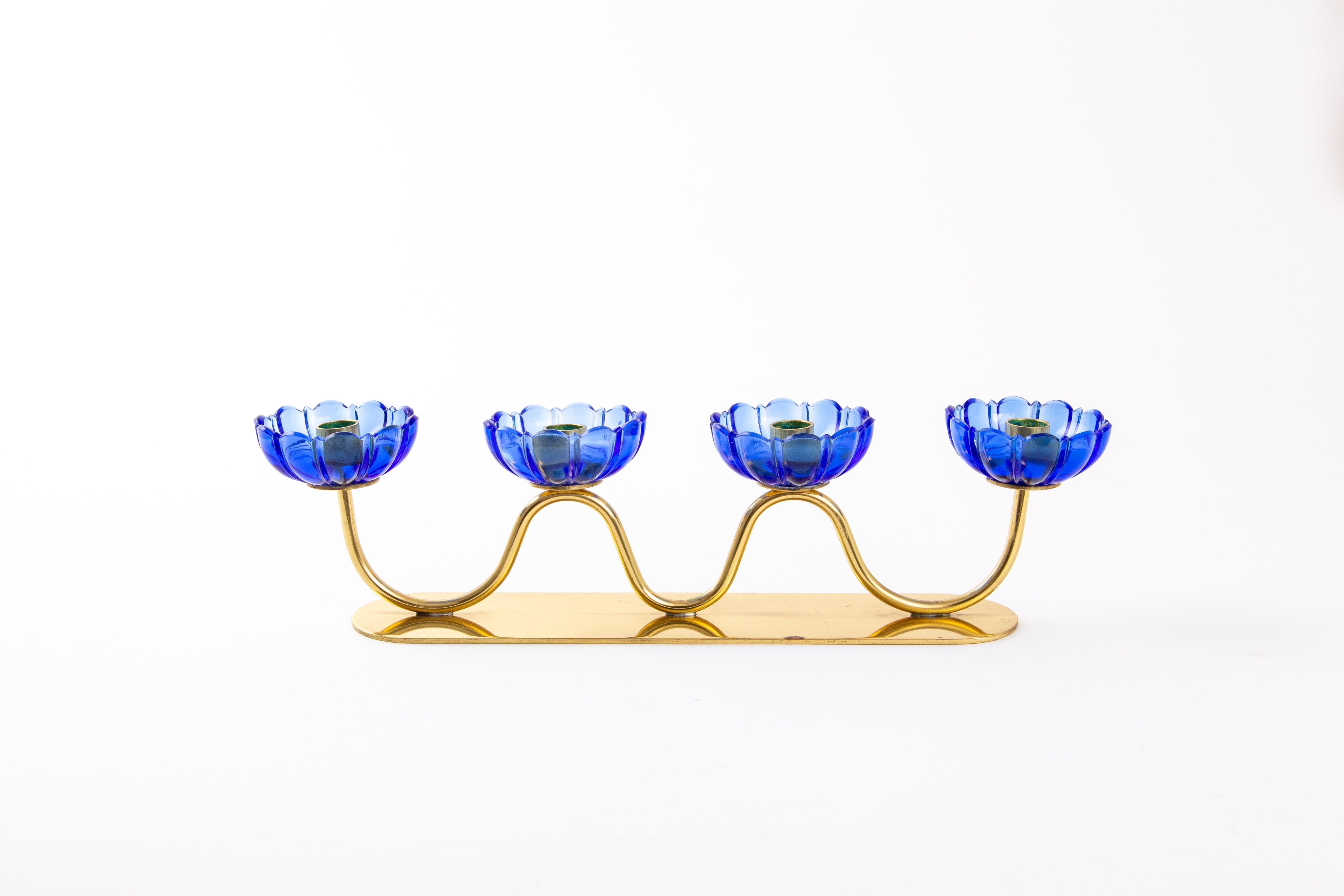 20th Century Gunnar Ander Candleholders Sweden for Ystad Metall, Blue Flower with Brass For Sale