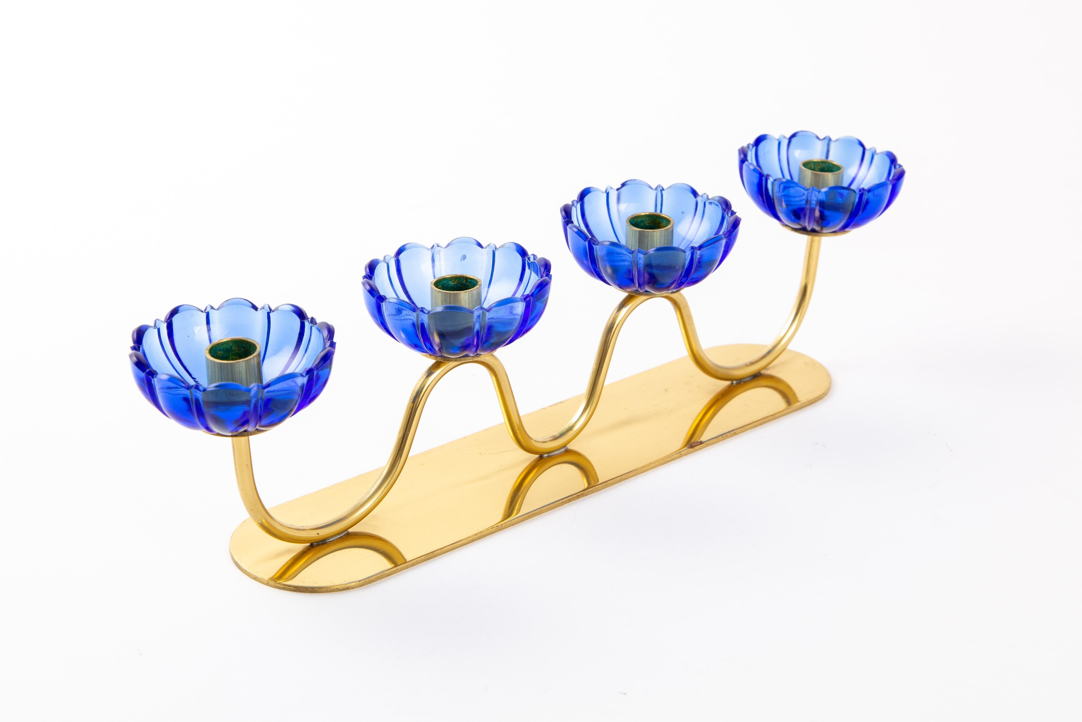 Gunnar Ander Candleholders Sweden for Ystad Metall, Blue Flower with Brass For Sale 2