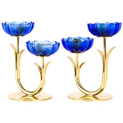 Vintage Gunnar Ander Candleholders Sweden for Ystad Metall, Blue Flower with Brass