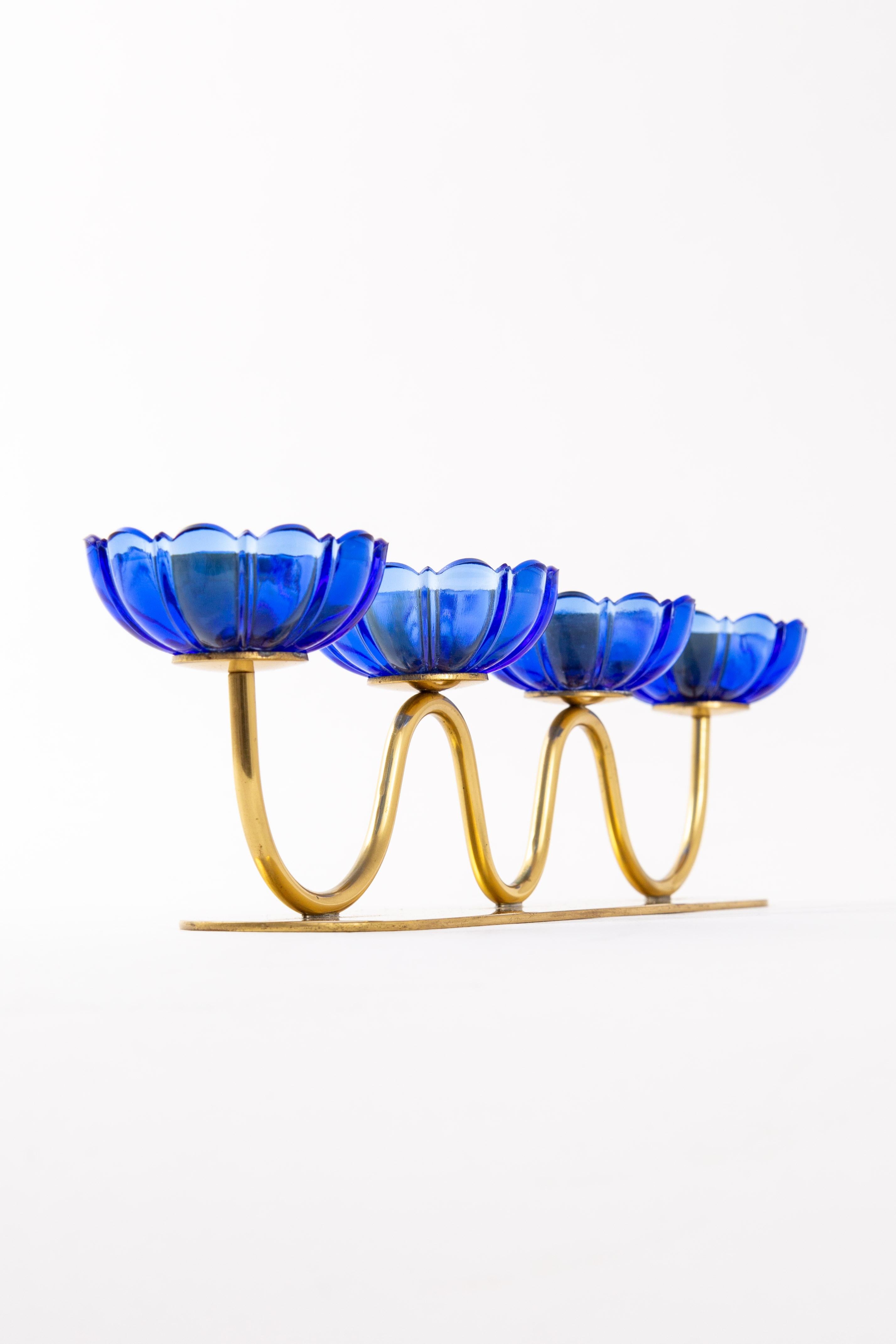 Gunnar Ander Candleholders Sweden for Ystad Metall, Blue Flower with Brass For Sale 4