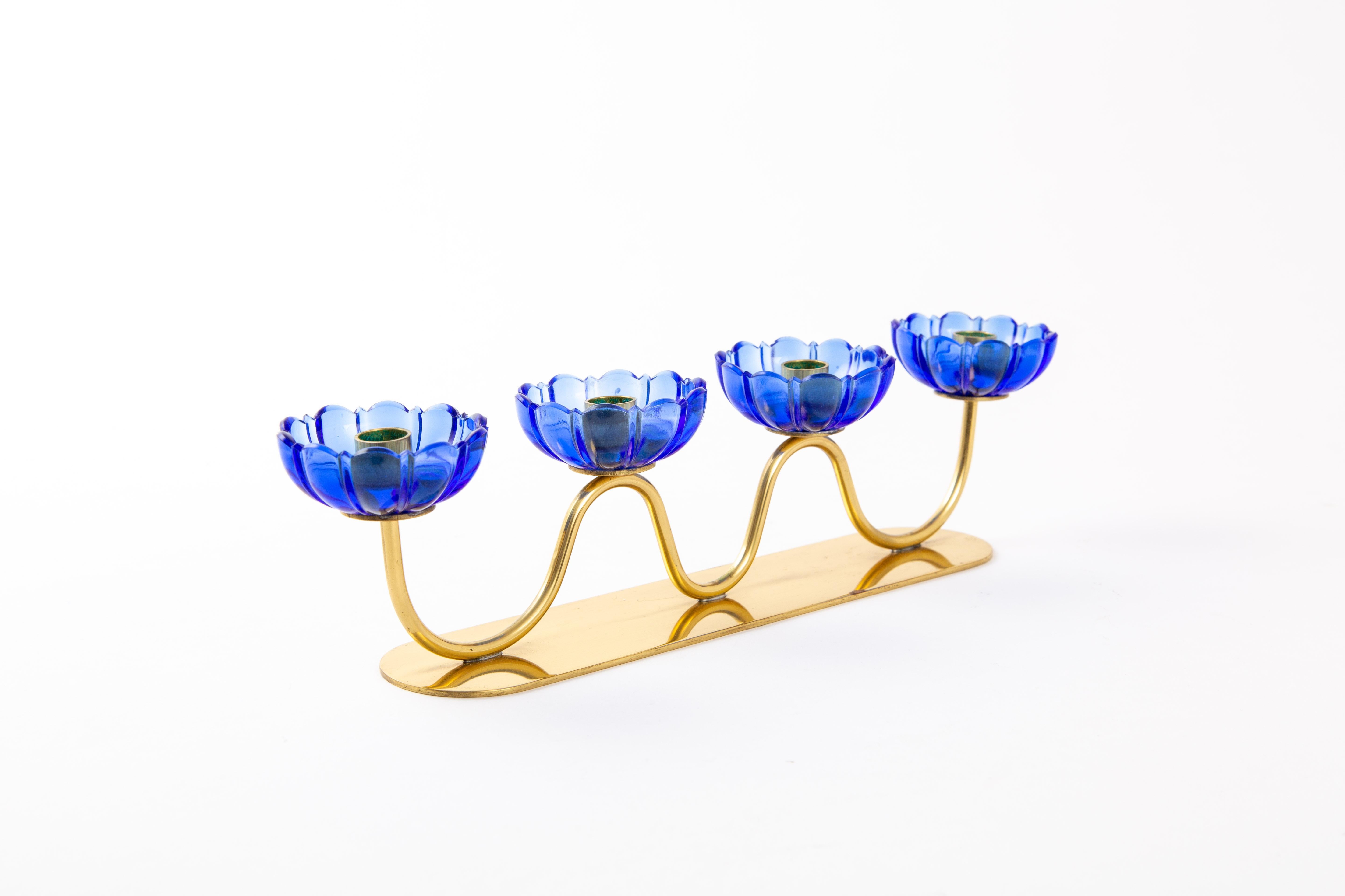 Gunnar Ander Candleholders Sweden for Ystad Metall, Blue Flower with Brass For Sale 1