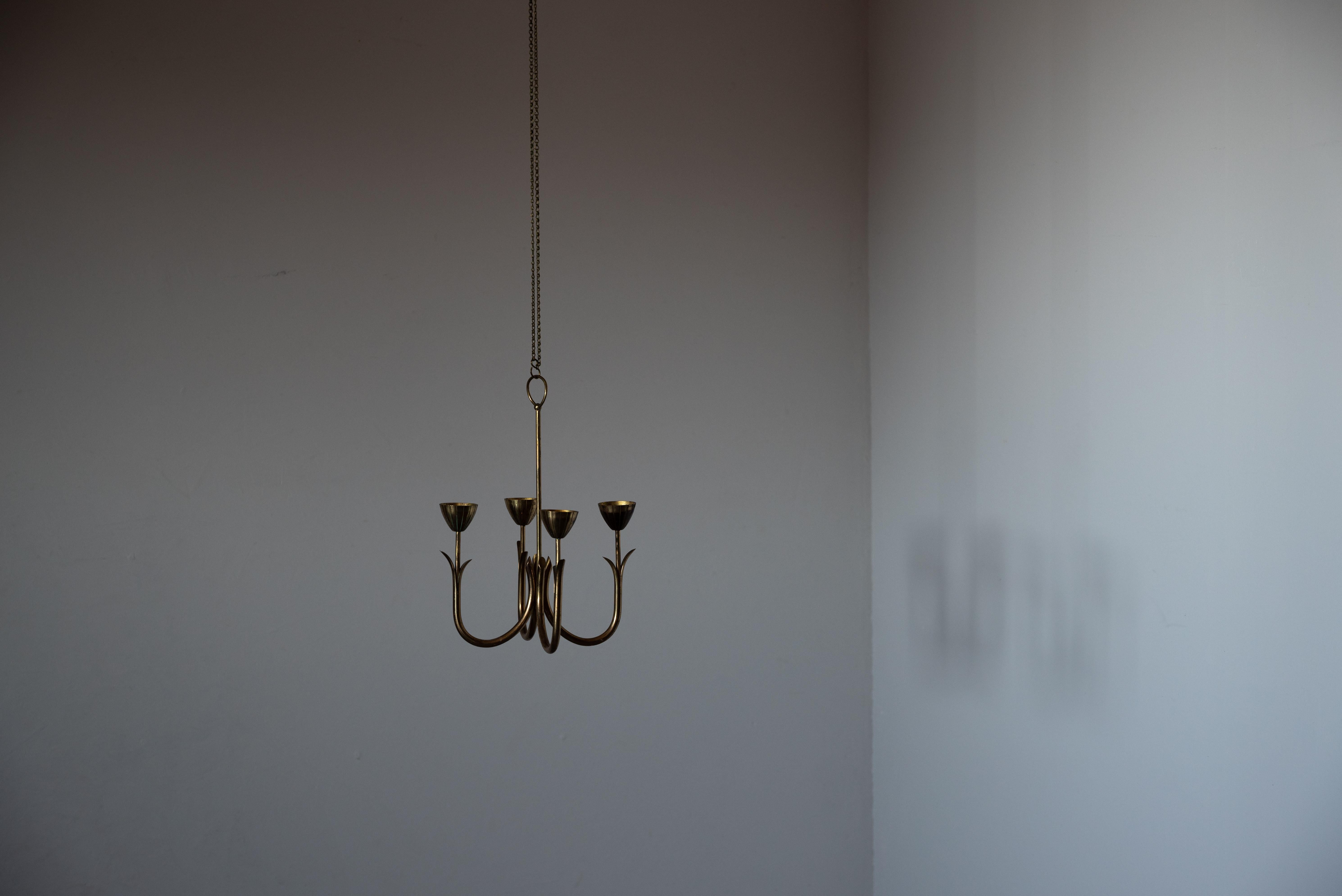 Mid-Century Modern Gunnar Ander, Ceiling Mounted Candelabra, Ystad Metall, Brass, Sweden, 1950s