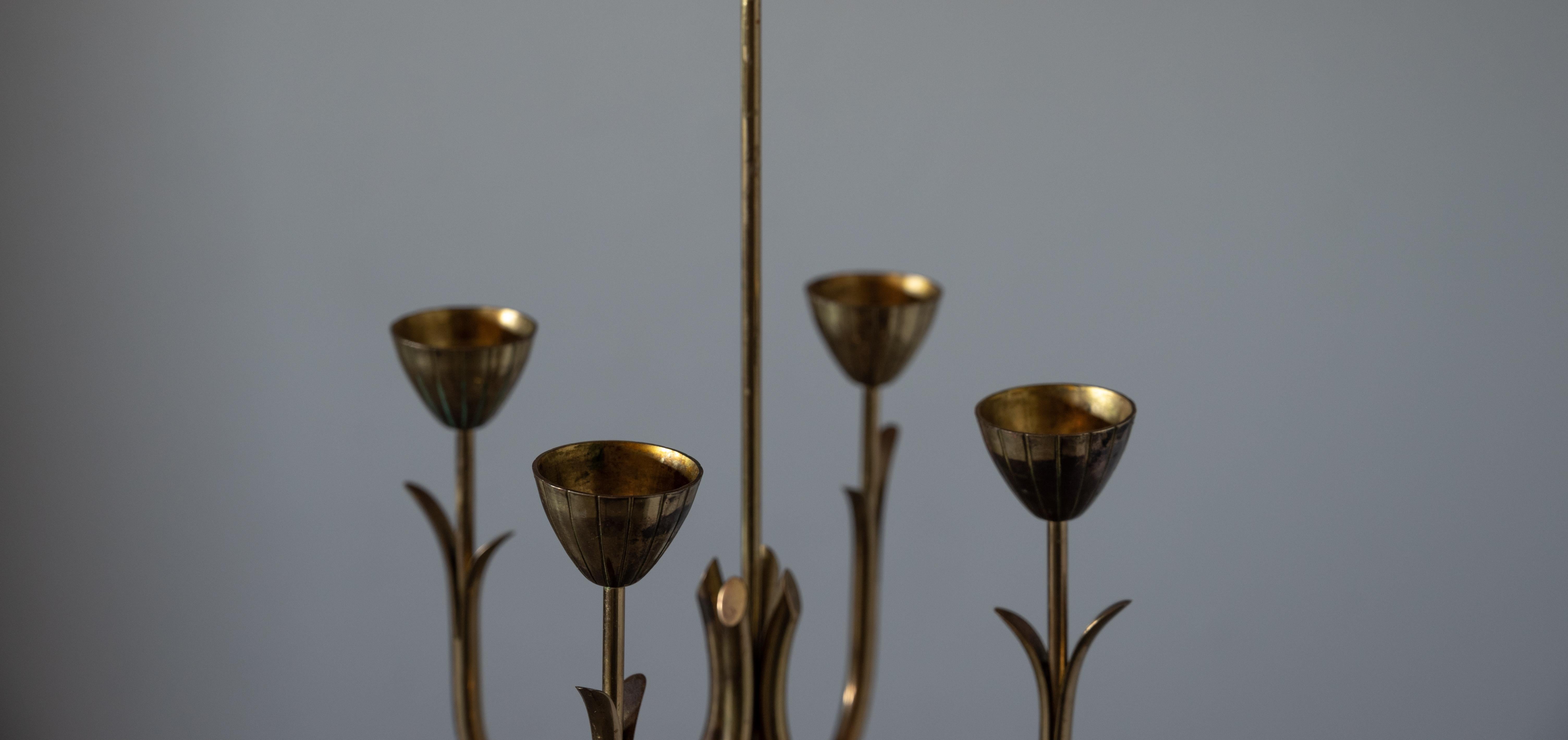 Swedish Gunnar Ander, Ceiling Mounted Candelabra, Ystad Metall, Brass, Sweden, 1950s