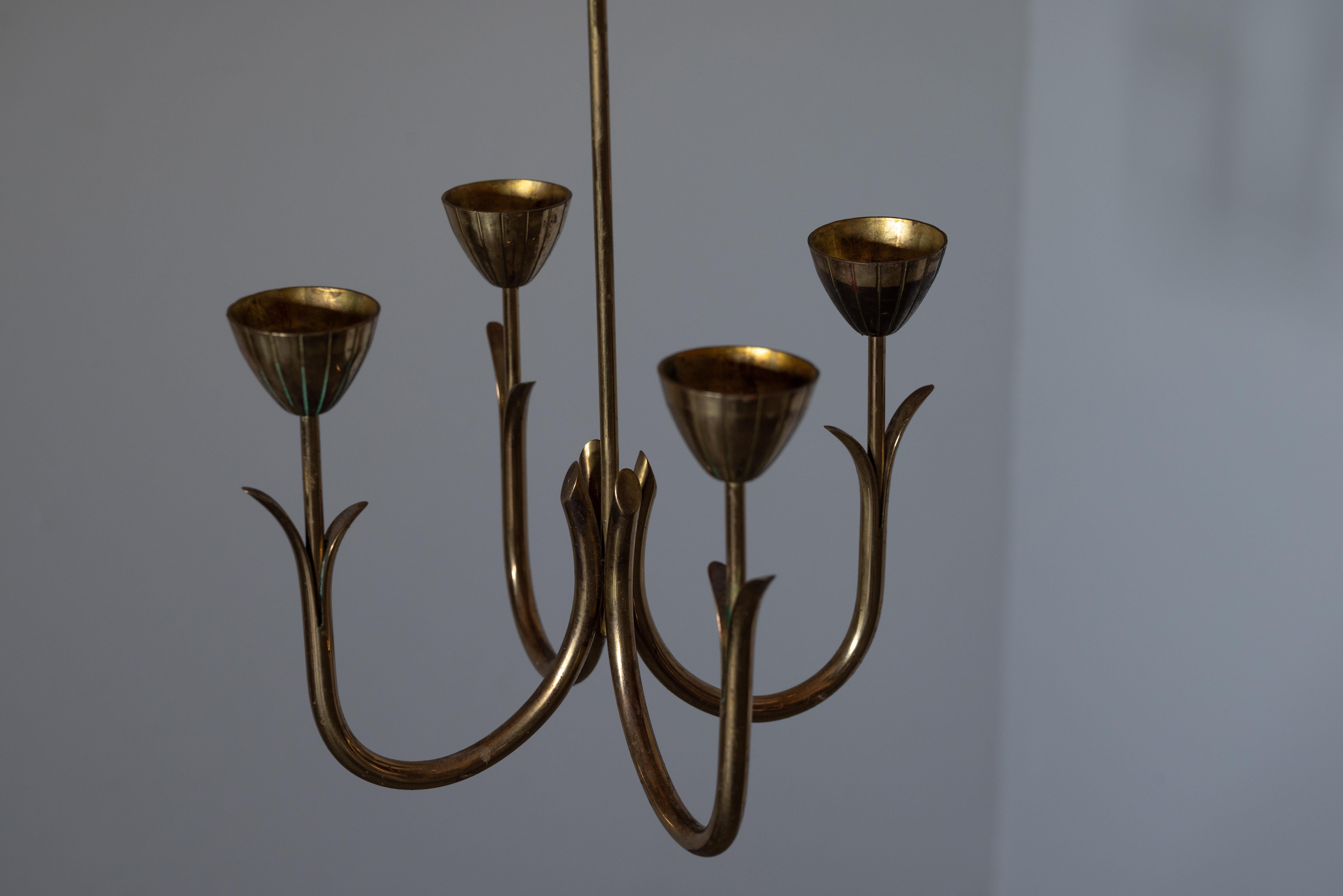 Gunnar Ander, Ceiling Mounted Candelabra, Ystad Metall, Brass, Sweden, 1950s In Good Condition In High Point, NC