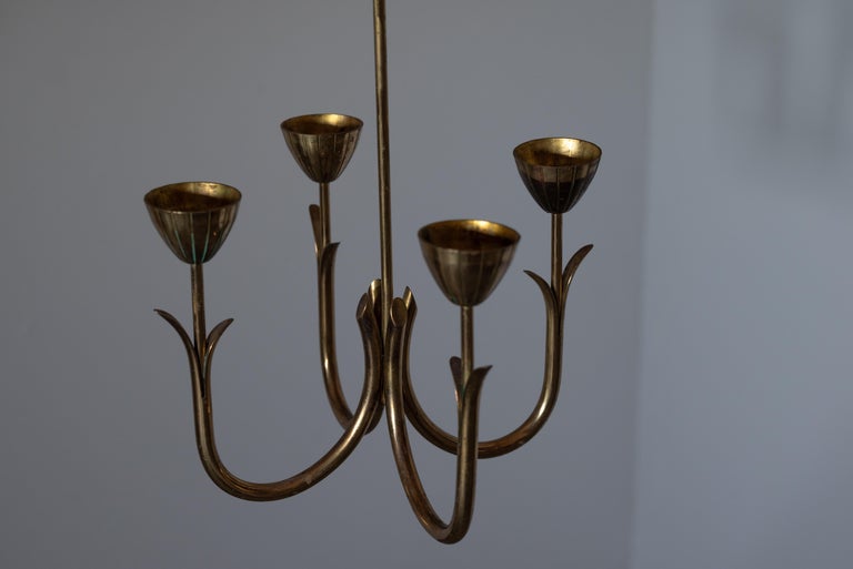 Gunnar Ander, Ceiling Mounted Candelabra, Ystad Metall, Brass, Sweden, 1950s In Good Condition For Sale In West Palm Beach, FL