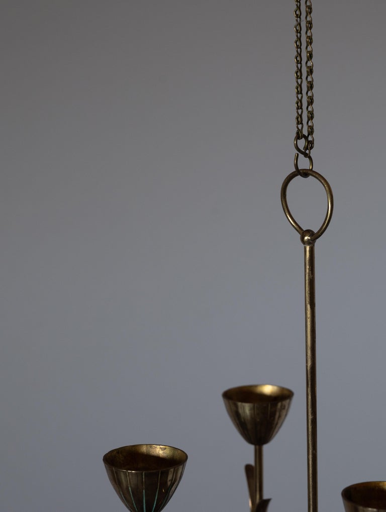 Mid-20th Century Gunnar Ander, Ceiling Mounted Candelabra, Ystad Metall, Brass, Sweden, 1950s For Sale