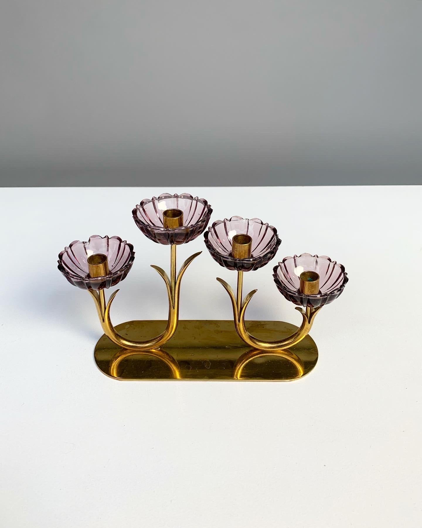 Mid-Century Modern Gunnar Ander Flower Candelabra Brass & Glass Ystad Metall Sweden 1950s