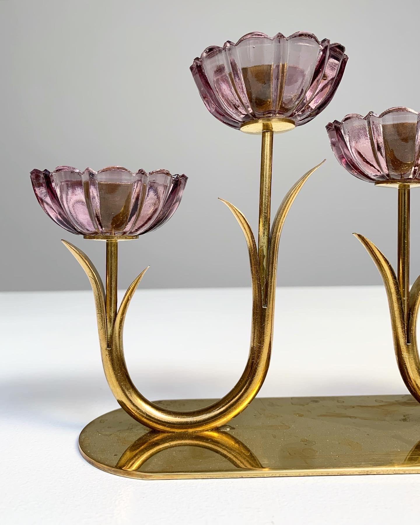 Gunnar Ander Flower Candelabra Brass & Glass Ystad Metall Sweden 1950s In Fair Condition In Basel, BS