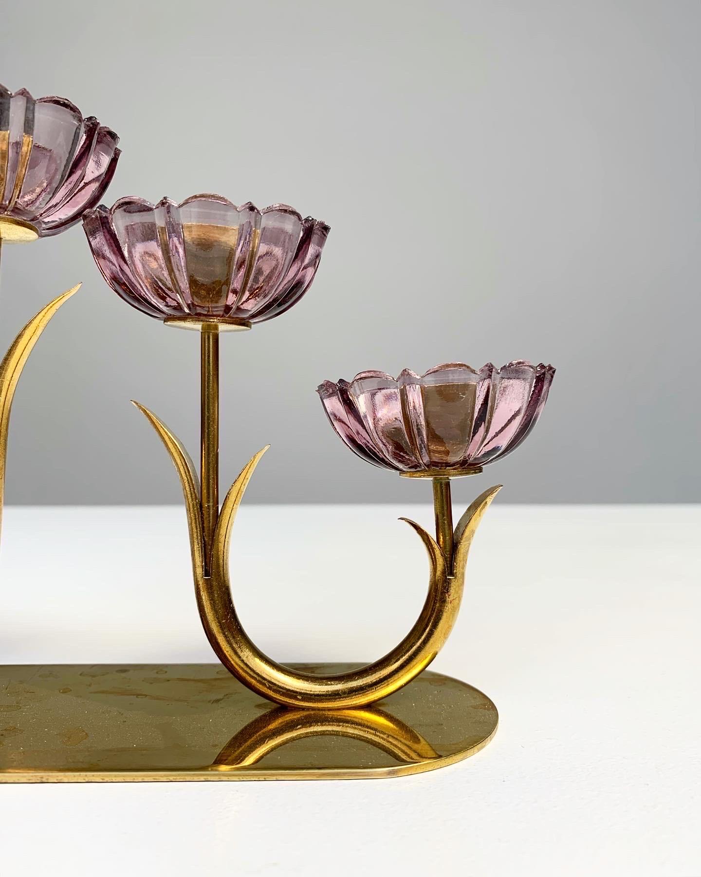Mid-20th Century Gunnar Ander Flower Candelabra Brass & Glass Ystad Metall Sweden 1950s