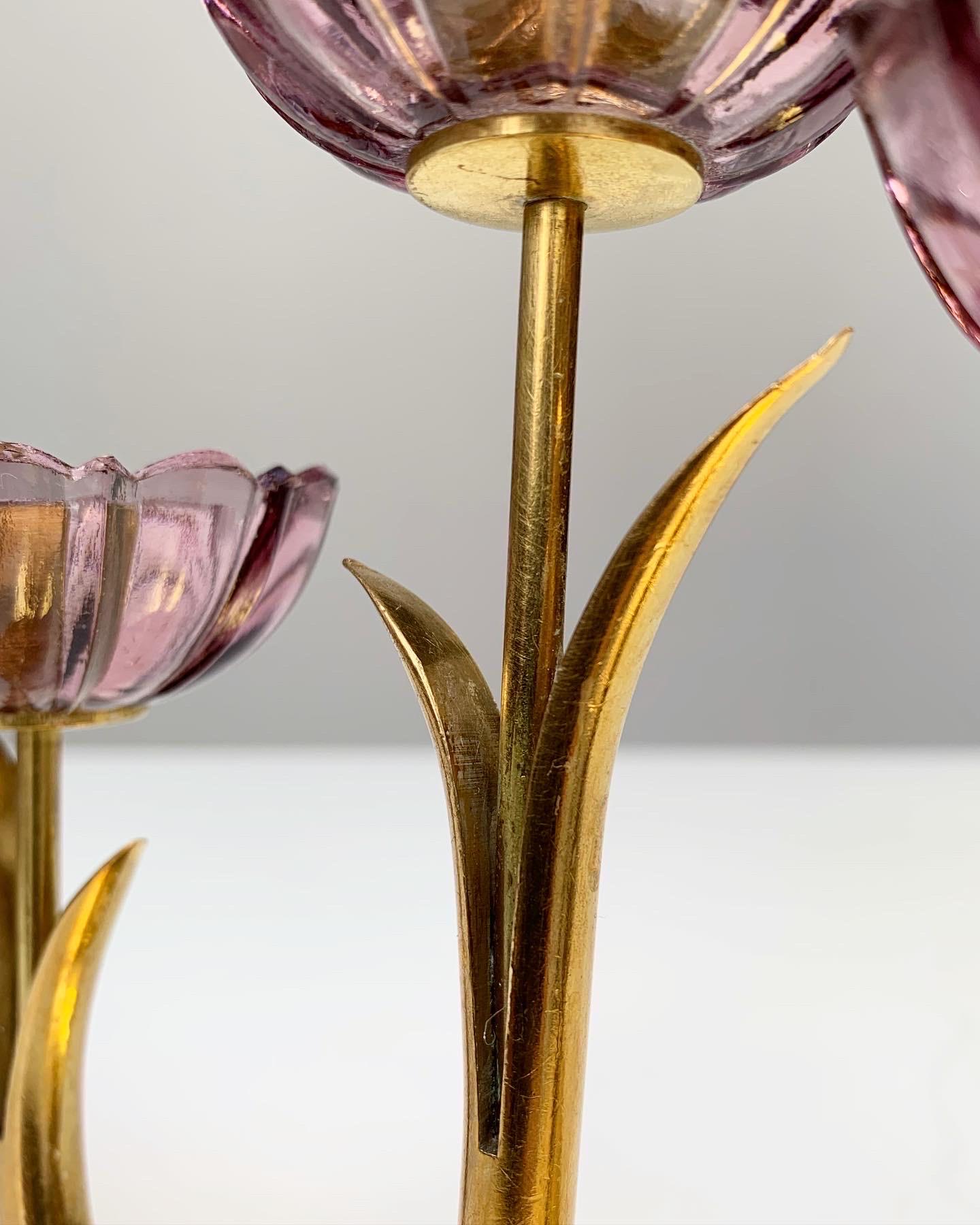 Gunnar Ander Flower Candelabra Brass & Glass Ystad Metall Sweden 1950s 1