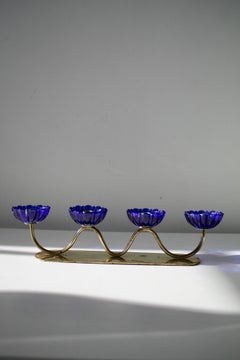 Gunnar Ander für Ystad-Metall Blaues Glas und Messing-Kerzenhalter, Schweden, 1960er Jahre