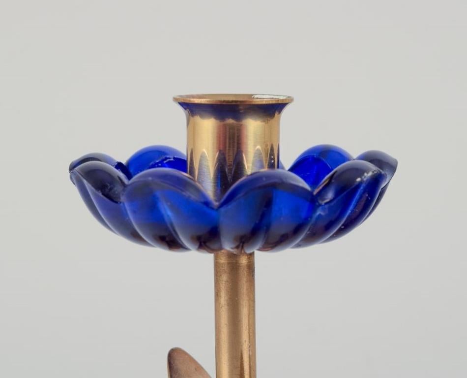 Mid-20th Century Gunnar Ander for Ystad Metall.  Candlestick holder in brass and blue art glass For Sale
