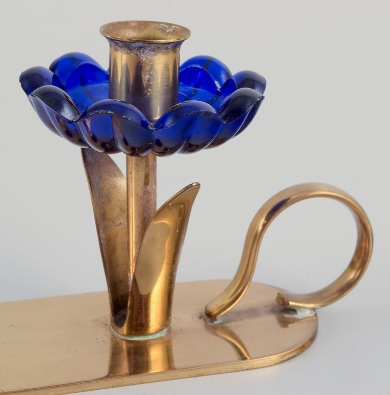 Gunnar Ander for Ystad Metall.  Candlestick holder in brass and blue art glass For Sale 1