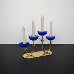 Gunnar Ander for Ystad Metall, Candlestick in Brass and Blue Art Glass
