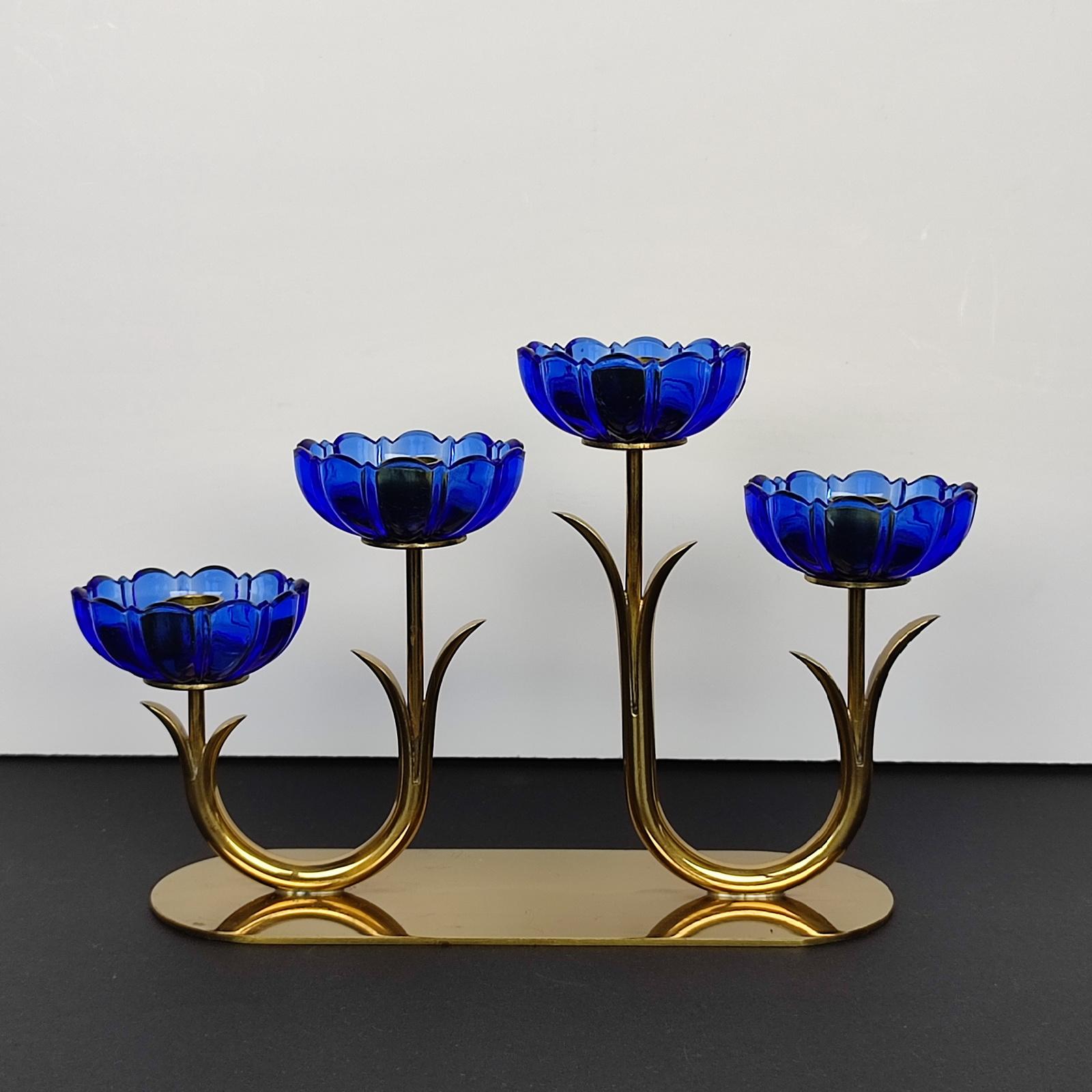 Gunnar Ander for Ystad Metall, Candlestick in Brass and Blue Art Glass In Good Condition For Sale In Bochum, NRW