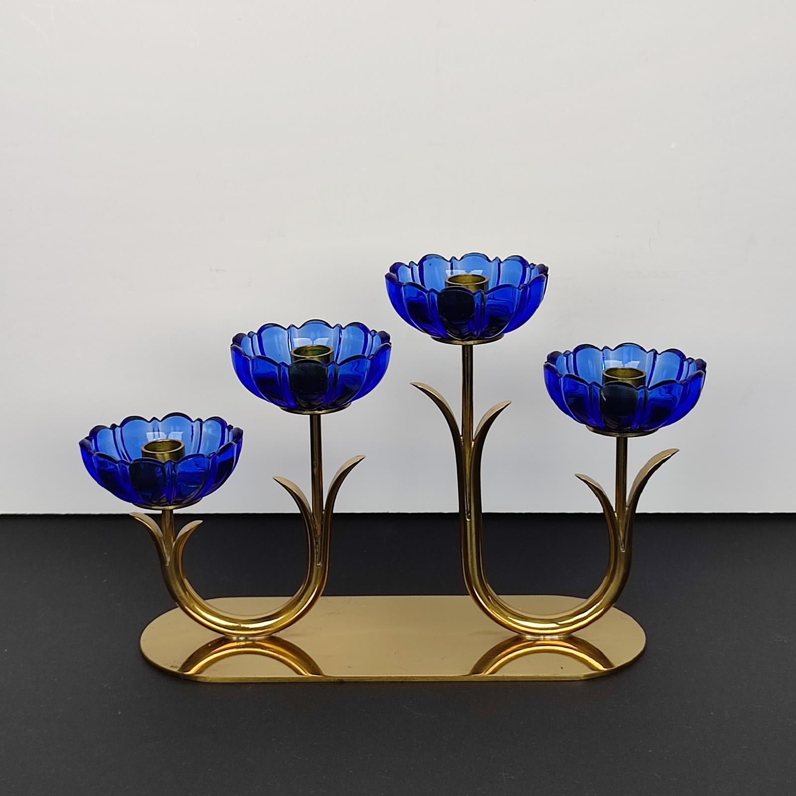 Mid-20th Century Gunnar Ander for Ystad Metall, Candlestick in Brass and Blue Art Glass For Sale