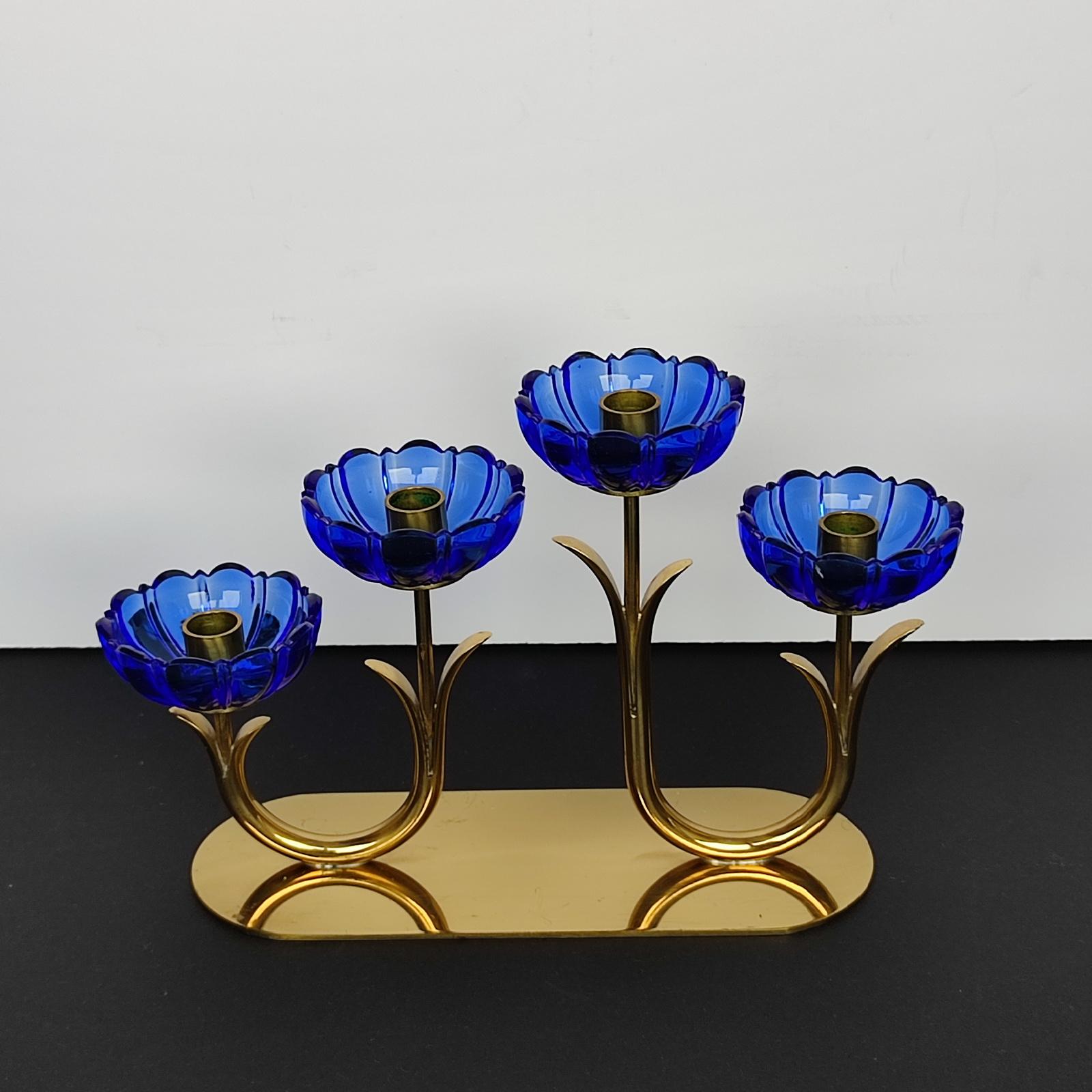 Gunnar Ander for Ystad Metall, Candlestick in Brass and Blue Art Glass For Sale 1