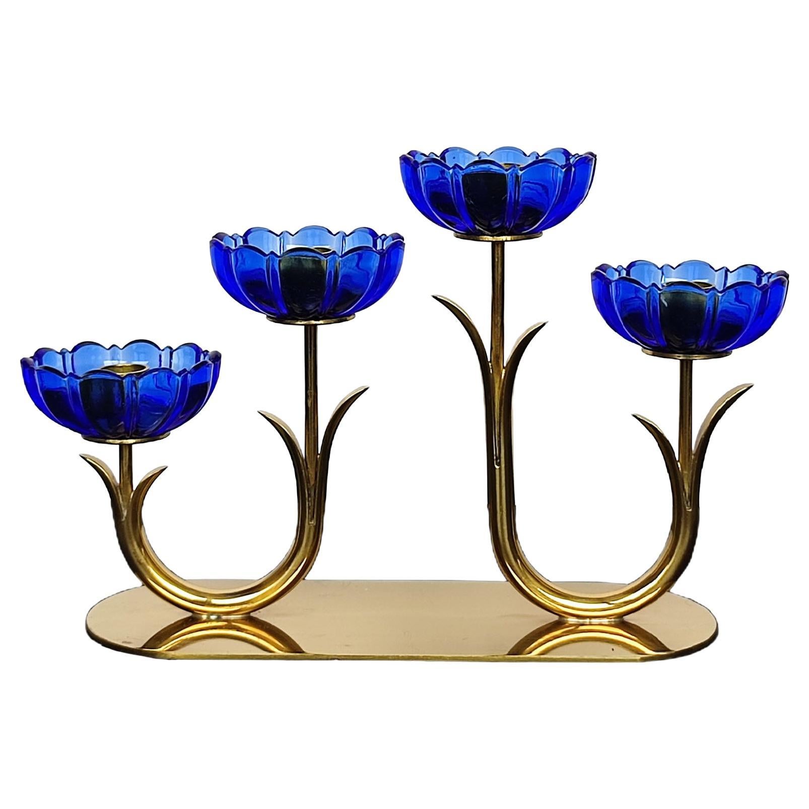 Gunnar Ander for Ystad Metall, Candlestick in Brass and Blue Art Glass For Sale