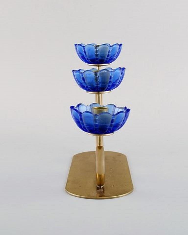 Scandinavian Modern Gunnar Ander for Ystad Metall, Candlestick in Brass and Mouth-Blown Art Glass