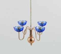 Gunnar Ander for Ystad Metall, Chandelier for Four Candles, Brass and Art Glass