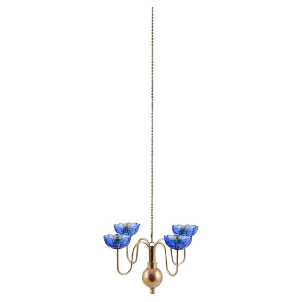 Gunnar Ander for Ystad Metall, Chandelier for Four Candles, Brass and Art Glass