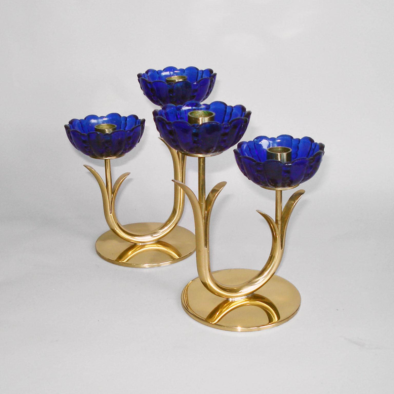 Swedish Gunnar Ander for Ystad Metall, Pair of Brass and Blue Glass Candlestick