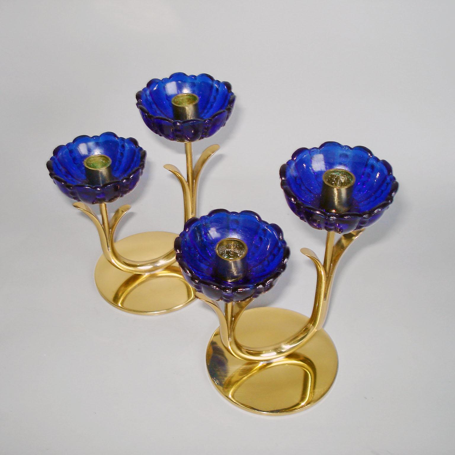 20th Century Gunnar Ander for Ystad Metall, Pair of Brass and Blue Glass Candlestick
