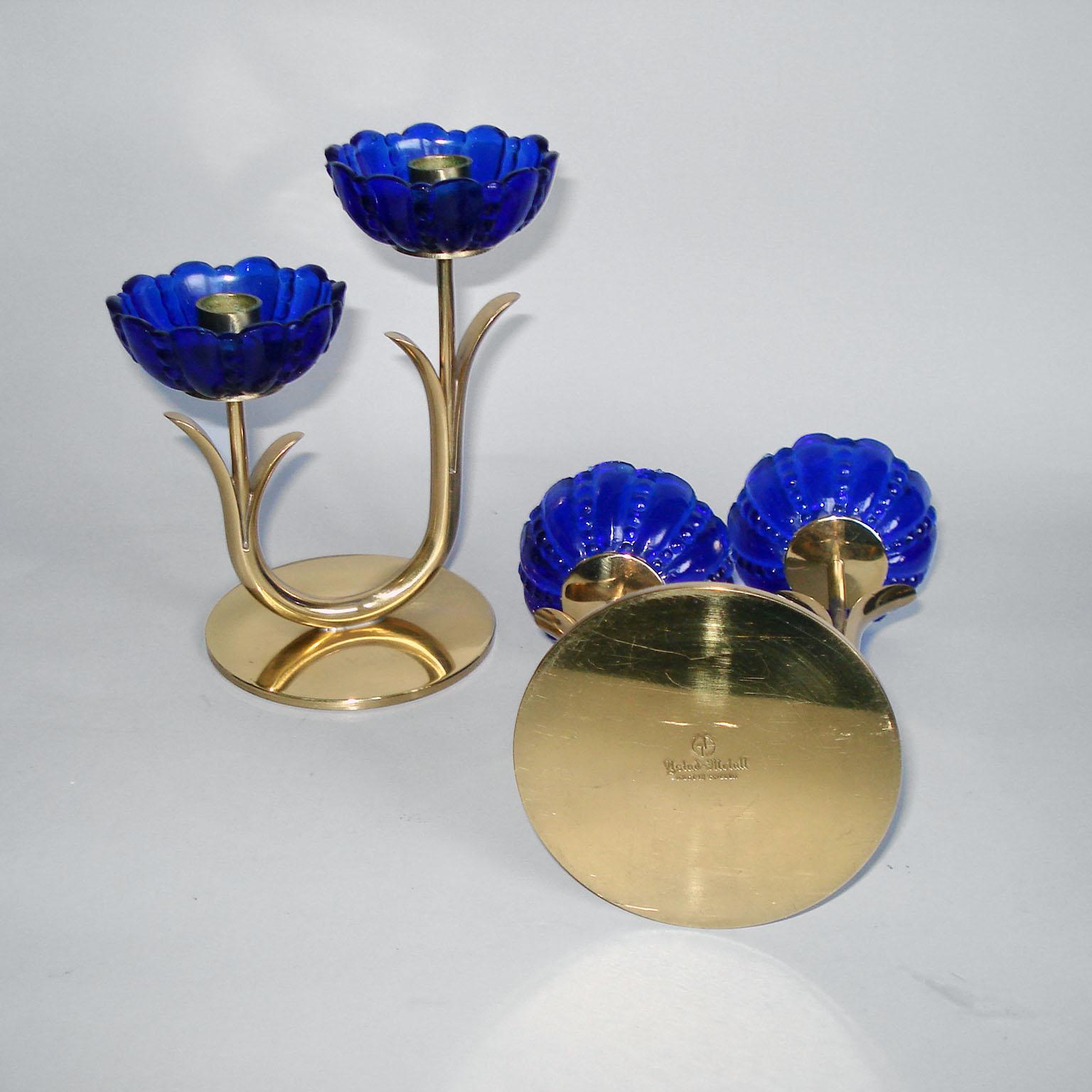 Gunnar Ander for Ystad Metall, Pair of Brass and Blue Glass Candlestick 1
