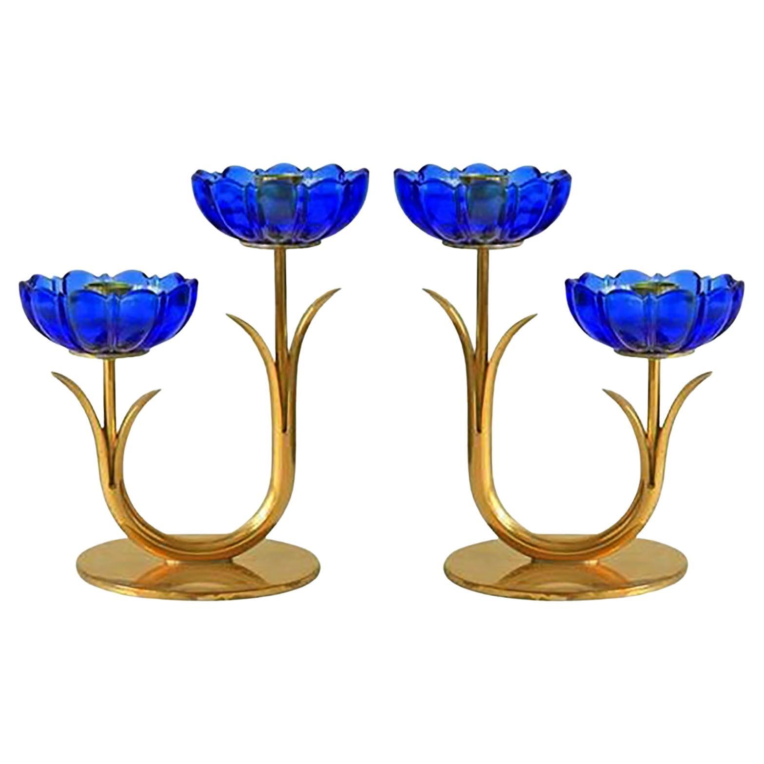 Gunnar Ander for Ystad Metall, Pair of Brass and Blue Glass Candlestick