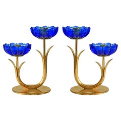 Gunnar Ander for Ystad Metall, Pair of Brass and Blue Glass Candlestick